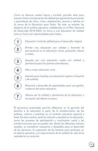 · 15 ·
Como se observa, existen logros y también grandes retos para
avanzar hacia una educación de calidad que garantice la promoción
y aprendizaje de niños, niñas, adolescentes, jóvenes y adultos en
el marco de la Educación para Todos. Por esto, se señalan los
objetivos de la política educativa, establecidos en el Plan Nacional
de Desarrollo 2018-2022, en torno a una Educación de calidad
para un futuro con oportunidades para todos:
1 Educación inicial de calidad para el desarrollo integral.
2
Brindar una educación con calidad y fomentar la
permanencia en la educación inicial, preescolar, básica
y media.
3 Apuesta por una educación media con calidad y
pertinencia para los jóvenes colombianos.
4 Más y mejor educación rural.
5
Apuesta para impulsar una educación superior incluyente
y de calidad.
6 Eficiencia y desarrollo de capacidades para una gestión
moderna del sector educativo.
7 Alianza por la calidad y pertinencia de la educación y
formación del talento humano.
El panorama presentado permite reflexionar en la garantía del
derecho a la educación a partir de la transformación de las
políticas, culturas y prácticas en el contexto educativo regional y
local. De esta manera, tanto la inclusión y equidad en la educación,
como los procesos de participación y movilización social y las
transformaciones que se puedan dar desde los diferentes sectores
sociales, se consideran necesarios y deseables para el desarrollo
de las personas, la superación de las brechas para participar en
el sistema educativo y el mejoramiento de la calidad de vida de la
sociedad en su conjunto.
 