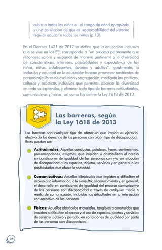 · 22 ·
cubre a todos los niños en el rango de edad apropiado
y una convicción de que es responsabilidad del sistema
regular educar a todos los niños (p.13).
En el Decreto 1421 de 2017 se define que la educación inclusiva
que se vive en los EE, corresponde a “un proceso permanente que
reconoce, valora y responde de manera pertinente a la diversidad
de características, intereses, posibilidades y expectativas de los
niñas, niños, adolescentes, jóvenes y adultos”. Igualmente, la
inclusión y equidad en la educación buscan promover ambientes de
aprendizaje libres de exclusión y segregación, mediante las políticas,
culturas y prácticas inclusivas que permitan abarcar la diversidad
en todo su esplendor, y eliminar todo tipo de barreras actitudinales,
comunicativas y físicas, así como las define la Ley 1618 de 2013.
Las barreras, según
la Ley 1618 de 2013
Las barreras son cualquier tipo de obstáculo que impida el ejercicio
efectivo de los derechos de las personas con algún tipo de discapacidad.
Estas pueden ser:
Actitudinales: Aquellas conductas, palabras, frases, sentimientos,
preconcepciones, estigmas, que impiden u obstaculizan el acceso
en condiciones de igualdad de las personas con y/o en situación
de discapacidad a los espacios, objetos, servicios y en general a las
posibilidades que ofrece la sociedad.
Comunicativas: Aquellos obstáculos que impiden o dificultan el
acceso a la información, a la consulta, al conocimiento y en general,
el desarrollo en condiciones de igualdad del proceso comunicativo
de las personas con discapacidad a través de cualquier medio o
modo de comunicación, incluidas las dificultades en la interacción
comunicativa de las personas.
Físicas: Aquellos obstáculos materiales, tangibles o construidos que
impiden o dificultan el acceso y el uso de espacios, objetos y servicios
de carácter público y privado, en condiciones de igualdad por parte
de las personas con discapacidad.
 