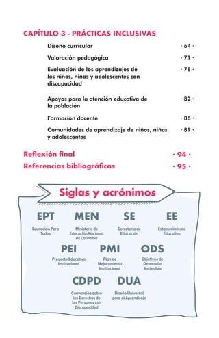 O CAPÍTULO 3 - PRÁCTICAS INCLUSIVAS
Reflexión final
Referencias bibliográficas
· 94 ·
· 95 ·
Diseño curricular
Valoración pedagógica
Apoyos para la atención educativa de
la población
Formación docente
Comunidades de aprendizaje de niños, niñas
y adolescentes
Evaluación de los aprendizajes de
los niños, niñas y adolescentes con
discapacidad
· 64 ·
· 71 ·
· 82 ·
· 86 ·
· 89 ·
· 78 ·
Siglas y acrónimos
EPT
Educación Para
Todos
MEN
Ministerio de
Educación Nacional
de Colombia
SE
Secretaría de
Educación
EE
Establecimiento
Educativo
Proyecto Educativo
Institucional
PEI PMI
Plan de
Mejoramiento
Institucional
ODS
Objetivos de
Desarrollo
Sostenible
CDPD
Convención sobre
los Derechos de
las Personas con
Discapacidad
DUA
Diseño Universal
para el Aprendizaje
 