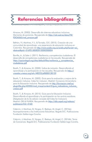 · 95 ·
Referencias bibliográficas
Ainscow, M. (2003). Desarrollo de sistemas educativos inclusivos.
Memorias de ponencia. Recuperado de https://sid.usal.es/idocs/F8/
FDO6565/mel_ainscow.pdf
Beltrán, Y.I, Martínez, Y. L. & Torrado, O.E. (2015). Creación de una
comunidad de aprendizaje: una experiencia de educación inclusiva en
Colombia. Recuperado de http://www.scielo.org.co/scielo.php?script=sci_
abstract&pid=S1692-58582015000200004
Bonilla, A., & Soler J. (2011). Resiliencia y competencias ciudadanas: El
desarrollo de competencias ciudadanas en las escuela. Recuperado de
https://opcionlegal.org/sites/default/files/resiliencia_y_competencias_
ciudadanas.pdf
Booth, T., & Ainscow, M. (2000). Índice de inclusión. Desarrollando el
aprendizaje y la participación en las escuelas. Recuperado de https://
unesdoc.unesco.org/ark:/48223/pf0000138159
Booth, T., & Ainscow, M. (2002). Guía para la evaluación y mejora de la
educación inclusiva. Index for inclusion. Madrid: Consorcio Universitario
para la Educación Inclusiva. Recuperado de http://formacion.intef.es/
pluginfile.php/42200/mod_imscp/content/2/guia_indicadores_inclusiva_
unesco.pdf
Booth, T., & Ainscow, M. (2015). Guía para la Educación Inclusiva:
Desarrollando el aprendizaje y la participación en los centros escolares.
[Adaptación de la 3a edición revisada del Index for Inclusion].
Madrid: OEI & FUHEM. Recuperado de https://dds.cepal.org/redesoc/
publicacion?id=4160
Celemin, J; Martínez, D; Vargas, C; Bedoya, M; Angel, C. (2016a).
Acompañamiento a las Instituciones Educativas. Bogotá D.C. Publicaciones
Fundación Saldarriaga Concha.
Celemin, J; Martínez, D; Vargas, C; Bedoya, M; Angel, C. (2016b). Toma
de Conciencia. Bogotá D.C. Publicaciones Fundación Saldarriaga Concha.
 