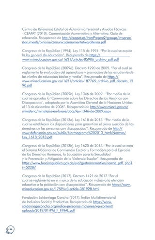 · 96 ·
Centro de Referencia Estatal de Autonomía Personal y Ayudas Técnicas
- CEAPAT (2010). Comunicación Aumentativa y Alternativa. Guía de
referencia. Recuperado de http://ceapat.es/InterPresent2/groups/imserso/
documents/binario/comunicacinaumentativayalterna.pdf
Congreso de la República (1994). Ley 115 de 1994. “Por la cual se expide
la ley general de educación”. Recuperado de https://
www.mineducacion.gov.co/1621/articles-85906_archivo_pdf.pdf
Congreso de la República (2009a). Decreto 1290 de 2009. “Por el cual se
reglamenta la evaluación del aprendizaje y promoción de los estudiantesde
los niveles de educación básica y media”. Recuperado de https://
www.mineducacion.gov.co/1621/articles-187765_archivo_pdf_decreto_12
90.pdf
Congreso de la República (2009b). Ley 1346 de 2009. “Por medio de la
cual se aprueba la ‘Convención sobre los Derechos de las Personas con
Discapacidad’, adoptada por la Asamblea General de la Naciones Unidas
el 13 de diciembre de 2006”. Recuperado de http://www.mincit.gov.co/
ministerio/ministerio-en-breve/docs/ley-1346-de-2009.aspx
Congreso de la República (2013a). Ley 1618 de 2013. “Por medio de la
cual se establecen las disposiciones para garantizar el pleno ejercicio de los
derechos de las personas con discapacidad”. Recuperado de http://
www.defensoria.gov.co/public/Normograma%202013_html/Normas/
Ley_1618_2013.pdf
Congreso de la República (2013b). Ley 1620 de 2013. “Por la cual se crea
el Sistema Nacional de Convivencia Escolar y Formación para el Ejercicio
de los Derechos Humanos, la Educación para la Sexualidad
y la Prevención y Mitigación de la Violencia Escolar”. Recuperado de
https://www.funcionpublica.gov.co/eva/gestornormativo/norma_pdf. php?
i=52287
Congreso de la República (2017). Decreto 1421 de 2017 “Por el
cual se reglamenta en el marco de la educación inclusiva la atención
educativa a la población con discapacidad”. Recuperado de https://www.
mineducacion.gov.co/1759/w3-article-381928.html
Fundación Saldarriaga Concha (2017). Índice Multidimensional
de Inclusión Social y Productiva. Recuperado de https://www.
saldarriagaconcha.org/indice-personas-mayores/wp-content/
uploads/2019/01/PM_F_FINAL.pdf
 