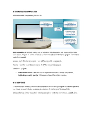 2. ENCENDIDO DEL COMPUTADOR

Para encender el computador proceda así:




 Indicador de luz: El Monitor cuenta con un pequeño indicador de luz que emite un color para
cada estado. Téngalo en cuenta para que su monitor quede correctamente apagado o encendido
según la necesidad:

Verde o Azul = Monitor encendido y con la CPU encendida y trabajando.

Naranja = Monitor encendido en espera- la CPU se encuentra apagada-

Sin Color = Apagado.

       Botón de encendido CPU: Ubicado en el panel frontal de la CPU del computador.
       Botón de encendido Monitor: Ubicado en el panel frontal del monitor.



3. EL ESCRITORIO

El escritorio es la primera pantalla que nos aparece una vez se haya cargado el Sistema Operativo
con el cual vamos a trabajar, para este ejemplo será el escritorio de Windows Vista

Este escritorio es similar al de otros sistemas operativos existentes como Linux, Mac OS, Unix.
 