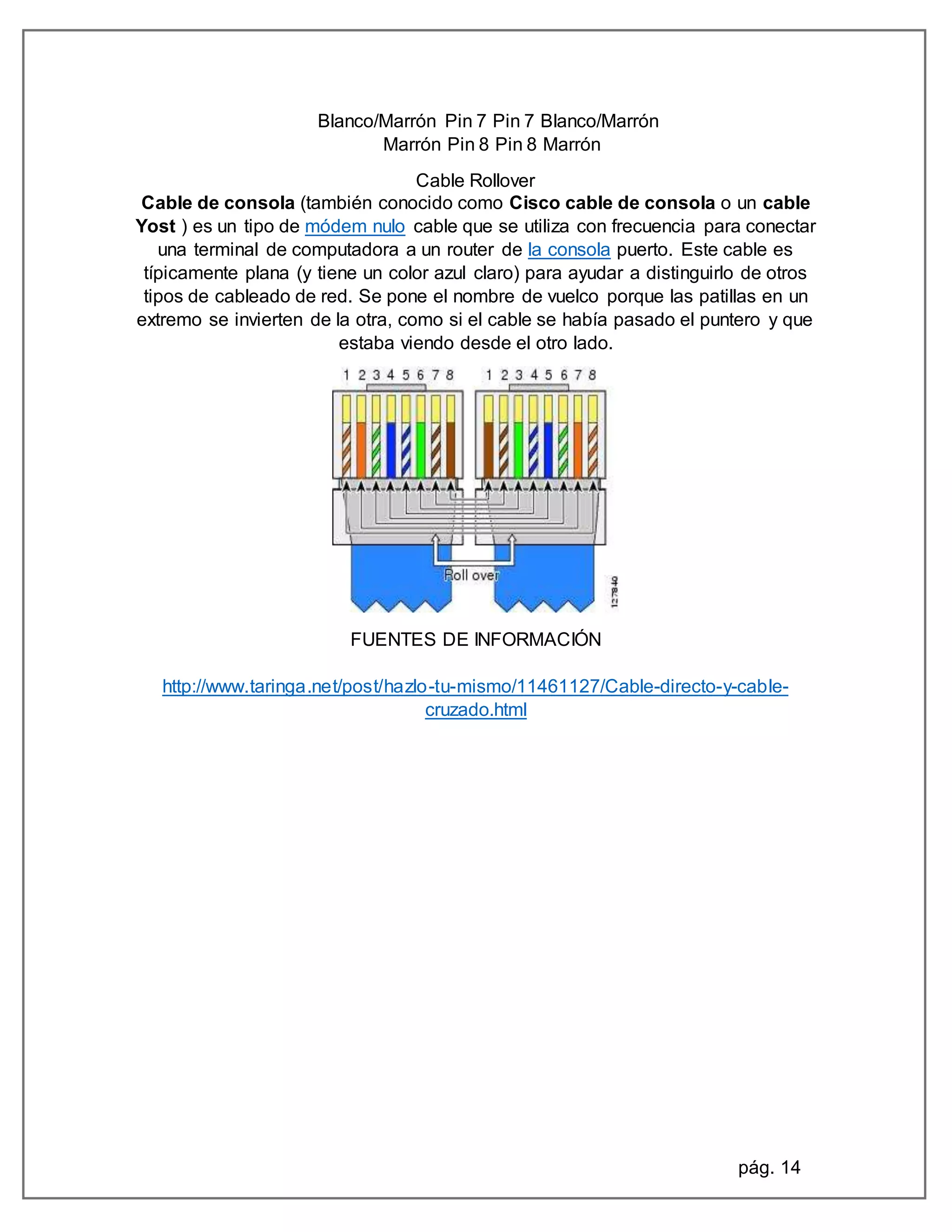 pág. 14
Blanco/Marrón Pin 7 Pin 7 Blanco/Marrón
Marrón Pin 8 Pin 8 Marrón
Cable Rollover
Cable de consola (también conocido como Cisco cable de consola o un cable
Yost ) es un tipo de módem nulo cable que se utiliza con frecuencia para conectar
una terminal de computadora a un router de la consola puerto. Este cable es
típicamente plana (y tiene un color azul claro) para ayudar a distinguirlo de otros
tipos de cableado de red. Se pone el nombre de vuelco porque las patillas en un
extremo se invierten de la otra, como si el cable se había pasado el puntero y que
estaba viendo desde el otro lado.
FUENTES DE INFORMACIÓN
http://www.taringa.net/post/hazlo-tu-mismo/11461127/Cable-directo-y-cable-
cruzado.html
 