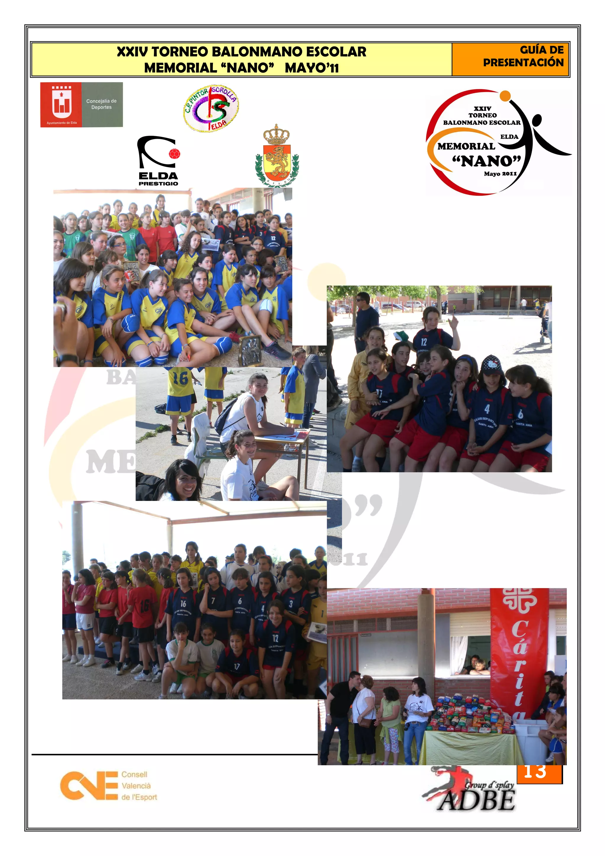 XXIV TORNEO BALONMANO ESCOLAR         GUÍA DE
                                PRESENTACIÓN
    MEMORIAL “NANO” MAYO’11




                                      13
 
