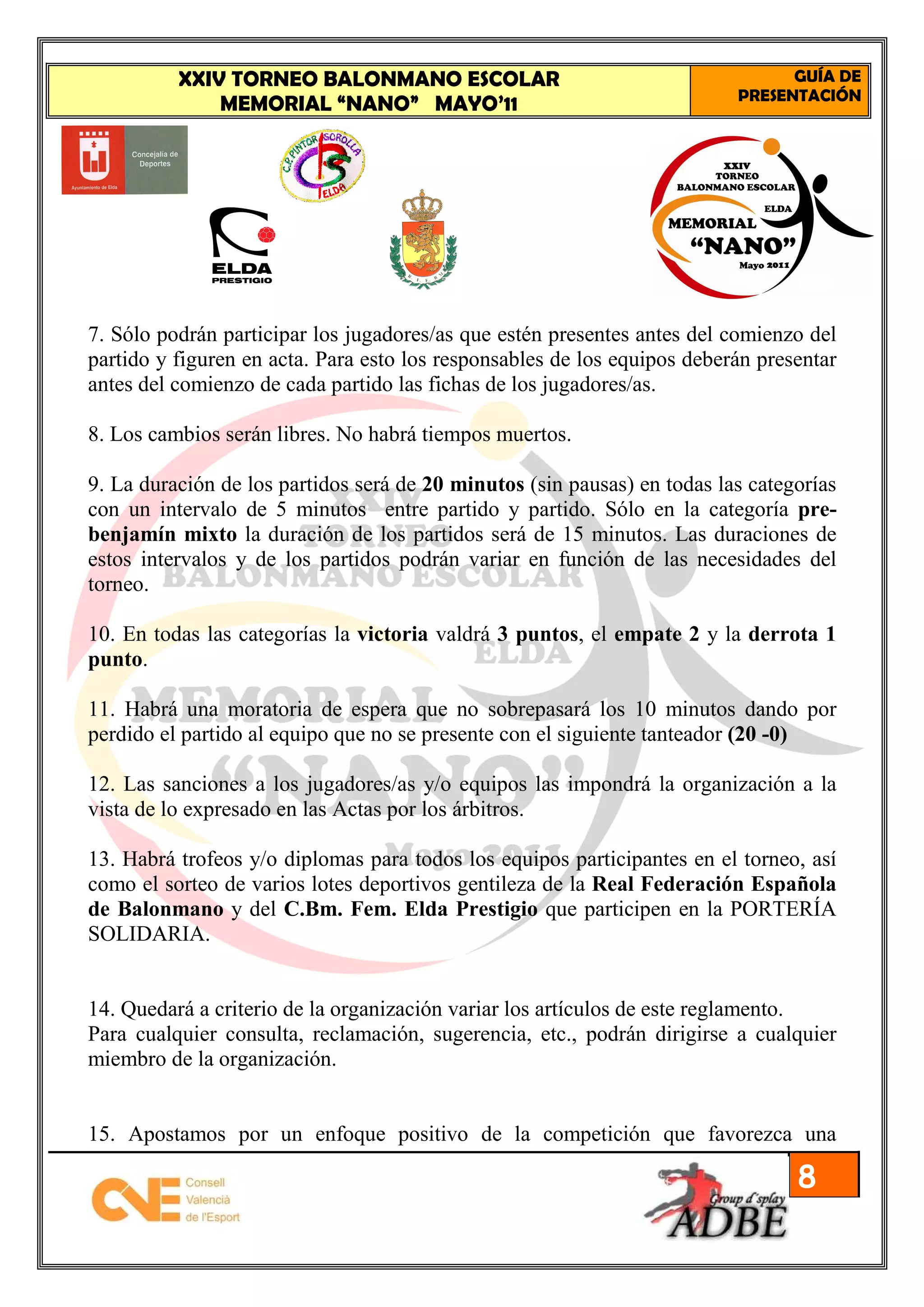 XXIV TORNEO BALONMANO ESCOLAR                                         GUÍA DE
                                                                          PRESENTACIÓN
              MEMORIAL “NANO” MAYO’11




7. Sólo podrán participar los jugadores/as que estén presentes antes del comienzo del
partido y figuren en acta. Para esto los responsables de los equipos deberán presentar
antes del comienzo de cada partido las fichas de los jugadores/as.

8. Los cambios serán libres. No habrá tiempos muertos.

9. La duración de los partidos será de 20 minutos (sin pausas) en todas las categorías
con un intervalo de 5 minutos entre partido y partido. Sólo en la categoría pre-
benjamín mixto la duración de los partidos será de 15 minutos. Las duraciones de
estos intervalos y de los partidos podrán variar en función de las necesidades del
torneo.

10. En todas las categorías la victoria valdrá 3 puntos, el empate 2 y la derrota 1
punto.

11. Habrá una moratoria de espera que no sobrepasará los 10 minutos dando por
perdido el partido al equipo que no se presente con el siguiente tanteador (20 -0)

12. Las sanciones a los jugadores/as y/o equipos las impondrá la organización a la
vista de lo expresado en las Actas por los árbitros.

13. Habrá trofeos y/o diplomas para todos los equipos participantes en el torneo, así
como el sorteo de varios lotes deportivos gentileza de la Real Federación Española
de Balonmano y del C.Bm. Fem. Elda Prestigio que participen en la PORTERÍA
SOLIDARIA.


14. Quedará a criterio de la organización variar los artículos de este reglamento.
Para cualquier consulta, reclamación, sugerencia, etc., podrán dirigirse a cualquier
miembro de la organización.


15. Apostamos por un enfoque positivo de la competición que favorezca una

                                                                                 8
 
