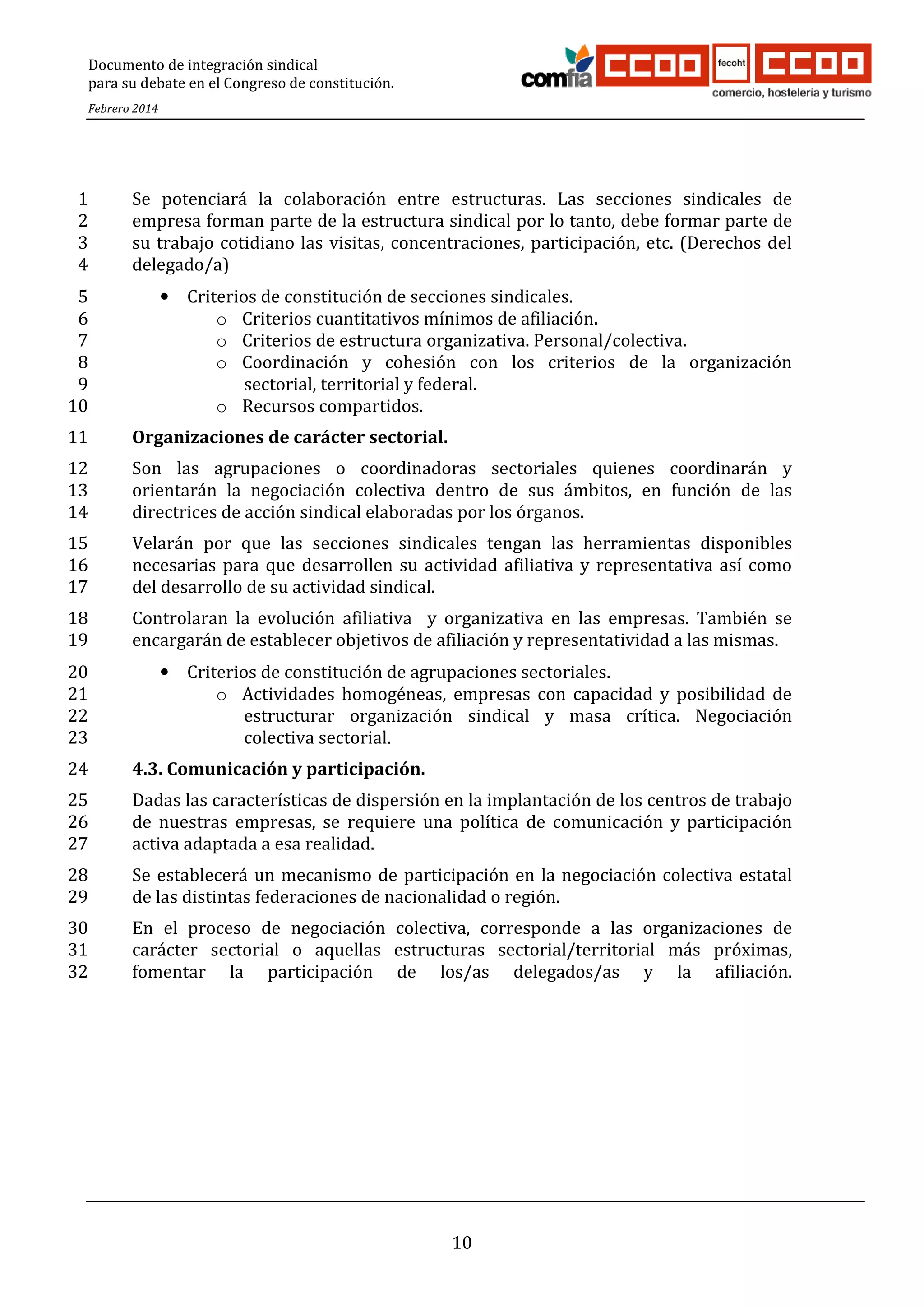 Documento de integración sindical
para su debate en el Congreso de constitución.
Febrero 2014

1
2
3
4

Se potenciará la colaboración entre estructuras. Las secciones sindicales de
empresa forman parte de la estructura sindical por lo tanto, debe formar parte de
su trabajo cotidiano las visitas, concentraciones, participación, etc. (Derechos del
delegado/a)

5
6
7
8
9
10

• Criterios de constitución de secciones sindicales.
o Criterios cuantitativos mínimos de afiliación.
o Criterios de estructura organizativa. Personal/colectiva.
o Coordinación y cohesión con los criterios de la organización
sectorial, territorial y federal.
o Recursos compartidos.

11

Organizaciones de carácter sectorial.

12
13
14

Son las agrupaciones o coordinadoras sectoriales quienes coordinarán y
orientarán la negociación colectiva dentro de sus ámbitos, en función de las
directrices de acción sindical elaboradas por los órganos.

15
16
17

Velarán por que las secciones sindicales tengan las herramientas disponibles
necesarias para que desarrollen su actividad afiliativa y representativa así como
del desarrollo de su actividad sindical.

18
19

Controlaran la evolución afiliativa y organizativa en las empresas. También se
encargarán de establecer objetivos de afiliación y representatividad a las mismas.

20
21
22
23

• Criterios de constitución de agrupaciones sectoriales.
o Actividades homogéneas, empresas con capacidad y posibilidad de
estructurar organización sindical y masa crítica. Negociación
colectiva sectorial.

24

4.3. Comunicación y participación.

25
26
27

Dadas las características de dispersión en la implantación de los centros de trabajo
de nuestras empresas, se requiere una política de comunicación y participación
activa adaptada a esa realidad.

28
29

Se establecerá un mecanismo de participación en la negociación colectiva estatal
de las distintas federaciones de nacionalidad o región.

30
31
32

En el proceso de negociación colectiva, corresponde a las organizaciones de
carácter sectorial o aquellas estructuras sectorial/territorial más próximas,
fomentar la participación de los/as delegados/as y la afiliación.

10

 