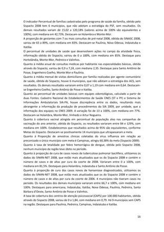 O indicador Percentual de famílias cadastradas pelo programa de saúde da família, obtido pelo
Sispacto 2008 tem 6 municípios, que não adotam a estratégia do PSF, sem resultados. Os
demais resultados variam de 15,02 a 120,18% (valores acima de 100% são equivalentes a
100%), com mediana em 42,73%. Destacam-se Holambra e Monte-Mor.
A proporção de gestantes com 7 ou mais consultas de pré-natal 2008, obtida do SINASC 2008,
variou de 65 a 89%, com mediana em 83%. Destacam-se Paulínia, Nova Odessa, Indaiatuba e
Itatiba.
O percentual de unidades de saúde que desenvolvem ações no campo da atividade física,
informação obtida do Sispacto, variou de 0 a 100%, com mediana em 85%. Destaque para
Hortolândia, Monte-Mor, Pedreira e Valinhos.
Quanto à média anual de consultas medicas por habitante nas especialidades básicas, obtida
através do Sispacto, variou de 0,9 a 7,24, com mediana 2,35. Destaque para Santo Antônio de
Posse, Engenheiro Coelho, Monte Mor e Paulínia.
Quanto à média mensal de visitas domiciliares por família realizadas por agente comunitário
de saúde, obtida do Sispacto, houve 6 municípios, que não adotam a estratégia dos ACS, sem
resultados. Os demais resultados variaram entre 0,07 a 1,19 com mediana em 0,64. Destacam-
se Engenheiro Coelho, Santo Antônio de Posse e Itatiba.
Quanto ao percentual de unidades básicas com equipes odontológicas, calculado a partir de
duas Fontes: Cadastro Nacional de Estabelecimentos de Saúde CNES (ST e PF) e Sistema de
Informações Ambulatoriais SIA-PA, houve discrepância entre os dados, resultando mais
abrangente a informação da produção de procedimentos do SIA 2009, por unidade, que a
informação dos equipos no CNES 2009. A variação foi de 13 a 100%, com mediana em 77%.
Destacam-se Holambra, Monte Mor, Vinhedo e Artur Nogueira.
Quanto à cobertura vacinal atingida em percentual da população alvo nas campanhas de
vacinação do ano anterior, obtida do Sispacto, os resultados variaram entre 84 e 129%, com
mediana em 100%. Estabelecemos que resultados acima de 95% são equivalentes, conforme
Metas do Sispacto. Destacam-se positivamente 14 municípios que ultrapassaram a meta.
Quanto à Proporção de amostras clinicas coletadas do vírus influenza em relação ao
preconizado o único município com meta é Campinas, atingiu 60,38% da meta (Sispacto 2009).
Quanto à taxa de letalidade por febre hemorrágica de dengue, obtida pelo Sispacto 2008,
nenhum município da região teve óbito no período.
Quanto à proporção de cura de casos novos de tuberculose pulmonar bacilifera, utilizamos os
dados do SINAN-NET 2008, que estão mais atualizados que os do Sispacto 2008 e contém o
número de casos e de altas por cura da coorte de 2008. Variaram entre 0 a 100%, com
mediana em 81,5%. Destaques para Holambra, Indaiatuba e Santo Antônio de Posse.
Quanto à proporção de cura dos casos novos de hanseníase diagnosticados, utilizamos os
dados do SINAN-NET 2008, que estão mais atualizados que os do Sispacto 2008 e contém o
número de casos e de altas por cura da coorte de 2006. 4 municípios não tiveram casos no
período. Os resultados dos demais municípios variaram entre 66,7 e 100%, com mediana em
100%. Destaques para americana, Indaiatuba, Itatiba, Nova Odessa, Paulínia, Pedreira, Santa
Bárbara d’Oeste, Santo Antônio de Posse e Valinhos.
A taxa de cobertura dos centros de atenção psicossocial (CAPS) por 100.000 habitantes, obtida
através do Sispacto 2008, variou de 0 a 1,84, com mediana em 0,79. Há 9 municípios sem CAPS
na região. Destaques para Paulínia, Pedreira, Campinas, Indaiatuba e Itatiba.



                                                                                          16
 
