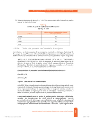 205
Bases para la Gestión del Sistema Presupuestal Territorial 2012
Dirección de DesarrolloTerritorial Sostenible - Subdirección de Finanzas PúblicasTerritoriales
b)	 Si los municipios son de categoría 4ª, 5ª ó 6ª, los gastos totales de la Personería no pueden
superar los siguientes límites:
Tabla 13.
Límites de gasto de las Personerías Municipales
Ley 617 de 2000
Categoría
Salarios Mínimos Legales MensualesVigentes
Del 2001 en adelante
Tercera 350
Cuarta 280
Quinta 190
Sexta 150
8.3.11.6.	 Límite a los gastos de las Contralorías Municipales
Con relación a los límites de gastos de las contralorías municipales y distritales, el artículo 2º de
la Ley 1416 de 2010, “Por medio de la cual se fortalece al ejercicio del control fiscal” que trata del
fortalecimiento del control fiscal de las contralorías municipales y distritales dispone lo siguiente:
“ARTÍCULO 2º. FORTALECIMIENTO DEL CONTROL FISCAL DE LAS CONTRALORÍAS
MUNICIPALES Y DISTRITALES. A partir de la vigencia de la presente ley y hasta el 31 de
diciembre de 2010, el límite de gastos para el cálculo presupuestal de las Contralorías
Municipales y Distritales, se calculará sobre los ingresos proyectados por el respectivo
municipio o distrito, en los porcentajes descritos a continuación:
Categoría Límite de gastos de Contralorías Municipales y Distritales (ICLD)
Especial 3.0%
Primera 2.7%
Segunda 3.0% (Más de 100.000 habitantes)
PARÁGRAFO. Las entidades descentralizadas del orden distrital o municipal deberán pagar
una cuota de fiscalización hasta del punto cuatro por ciento (0.4%), calculado sobre el monto
de los ingresos ejecutados por la respectiva entidad en la vigencia anterior, excluidos los
recursos de créditos; los ingresos por la venta de activos fijos; y los activos, inversiones y
rentas titularizados, así como el producto de los procesos de titularización.
A partir de la vigencia 2011 los gastos de las Contralorías Municipales y Distritales,
sumadas las transferencias del nivel central y descentralizado, crecerán
porcentualmente en la cifra mayor que resulte de comparar la inflación causada en el
año anterior y la proyectada para el siguiente por el respectivo distrito o municipio. Para
estos propósitos, elSecretario de Hacienda distrital o municipal, o quien haga sus veces,
117387 - Bases para la gestion todo 205 12/06/12 11:29
 