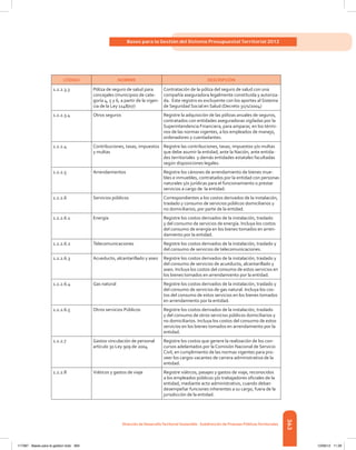 363
Bases para la Gestión del Sistema Presupuestal Territorial 2012
Dirección de DesarrolloTerritorial Sostenible - Subdirección de Finanzas PúblicasTerritoriales
CÓDIGO NOMBRE DESCRIPCIÓN
1.2.2.3.3 Póliza de seguro de salud para
concejales (municipios de cate-
goría 4, 5 y 6, a partir de la vigen-
cia de la Ley 1148/07)
Contratación de la póliza del seguro de salud con una
compañía aseguradora legalmente constituida y autoriza-
da. Este registro es excluyente con los aportes al Sistema
de Seguridad Social en Salud (Decreto 3171/2004)
1.2.2.3.4 Otros seguros Registre la adquisición de las pólizas anuales de seguros,
contratados con entidades aseguradoras vigiladas por la
Superintendencia Financiera, para amparar, en los térmi-
nos de las normas vigentes, a los empleados de manejo,
ordenadores y cuentadantes.
1.2.2.4 Contribuciones, tasas, impuestos
y multas
Registre las contribuciones, tasas, impuestos y/o multas
que debe asumir la entidad, ante la Nación, ante entida-
des territoriales y demás entidades estatales facultadas
según disposiciones legales.
1.2.2.5 Arrendamientos Registre los cánones de arrendamiento de bienes mue-
bles e inmuebles, contratados por la entidad con personas
naturales y/o jurídicas para el funcionamiento o prestar
servicios a cargo de la entidad.
1.2.2.6 Servicios públicos Correspondientes a los costos derivados de la instalación,
traslado y consumo de servicios públicos domiciliarios y
no domiciliarios, por parte de la entidad.
1.2.2.6.1 Energía Registre los costos derivados de la instalación, traslado
y del consumo de servicios de energía. Incluya los costos
del consumo de energía en los bienes tomados en arren-
damiento por la entidad.
1.2.2.6.2 Telecomunicaciones Registre los costos derivados de la instalación, traslado y
del consumo de servicios de telecomunicaciones.
1.2.2.6.3 Acueducto, alcantarillado y aseo Registre los costos derivados de la instalación, traslado y
del consumo de servicios de acueducto, alcantarillado y
aseo. Incluya los costos del consumo de estos servicios en
los bienes tomados en arrendamiento por la entidad.
1.2.2.6.4 Gas natural Registre los costos derivados de la instalación, traslado y
del consumo de servicios de gas natural. Incluya los cos-
tos del consumo de estos servicios en los bienes tomados
en arrendamiento por la entidad.
1.2.2.6.5 Otros servicios Públicos Registre los costos derivados de la instalación, traslado
y del consumo de otros servicios públicos domiciliarios y
no domiciliarios. Incluya los costos del consumo de estos
servicios en los bienes tomados en arrendamiento por la
entidad.
1.2.2.7 Gastos vinculación de personal
artículo 30 Ley 909 de 2004
Registre los costos que genere la realización de los con-
cursos adelantados por la Comisión Nacional de Servicio
Civil, en cumplimiento de las normas vigentes para pro-
veer los cargos vacantes de carrera administrativa de la
entidad.
1.2.2.8 Viáticos y gastos de viaje Registre viáticos, pasajes y gastos de viaje, reconocidos
a los empleados públicos y/o trabajadores oficiales de la
entidad, mediante acto administrativo, cuando deban
desempeñar funciones inherentes a su cargo, fuera de la
jurisdicción de la entidad.
117387 - Bases para la gestion todo 363 12/06/12 11:29
 