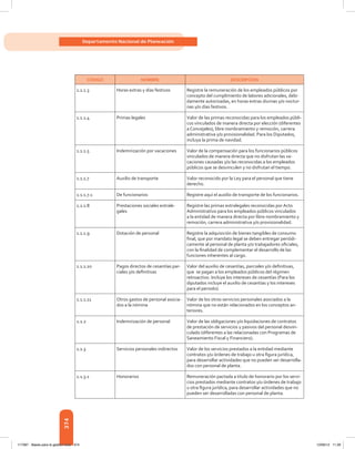 374
Departamento Nacional de Planeación
CÓDIGO NOMBRE DESCRIPCIÓN
1.1.1.3 Horas extras y días festivos Registre la remuneración de los empleados públicos por
concepto del cumplimiento de labores adicionales, debi-
damente autorizadas, en horas extras diurnas y/o noctur-
nas y/o días festivos.
1.1.1.4 Primas legales Valor de las primas reconocidas para los empleados públi-
cos vinculados de manera directa por elección (diferentes
a Concejales), libre nombramiento y remoción, carrera
administrativa y/o provisionalidad. Para los Diputados,
incluya la prima de navidad.
1.1.1.5 Indemnización por vacaciones Valor de la compensación para los funcionarios públicos
vinculados de manera directa que no disfrutan las va-
caciones causadas y/o las reconocidas a los empleados
públicos que se desvinculen y no disfrutan el tiempo.
1.1.1.7 Auxilio de transporte Valor reconocido por la Ley para el personal que tiene
derecho.
1.1.1.7.1 De funcionarios Registre aquí el auxilio de transporte de los funcionarios.
1.1.1.8 Prestaciones sociales extrale-
gales
Registre las primas extralegales reconocidas por Acto
Administrativo para los empleados públicos vinculados
a la entidad de manera directa por libre nombramiento y
remoción, carrera administrativa y/o provisionalidad.
1.1.1.9 Dotación de personal Registre la adquisición de bienes tangibles de consumo
final, que por mandato legal se deben entregar periódi-
camente al personal de planta y/o trabajadores oficiales,
con la finalidad de complementar el desarrollo de las
funciones inherentes al cargo.
1.1.1.10 Pagos directos de cesantías par-
ciales y/o definitivas
Valor del auxilio de cesantías, parciales y/o definitivas,
que  se pagan a los empleados públicos del régimen
retroactivo. Incluye los intereses de cesantías (Para los
diputados incluye el auxilio de cesantías y los intereses
para el periodo).
1.1.1.11 Otros gastos de personal asocia-
dos a la nómina
Valor de los otros servicios personales asociados a la
nómina que no están relacionados en los conceptos an-
ter