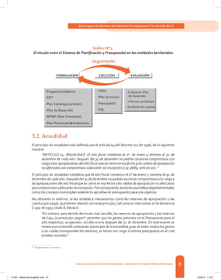45
Bases para la Gestión del Sistema Presupuestal Territorial 2012
dirección de desarrolloterritorial sostenible - subdirección de Finanzas Públicasterritoriales
Gráfico N° 2.
El vínculo entre el Sistema de Planificación y Presupuestal en las entidades territoriales
3.2. Anualidad
El	principio	de	anualidad	está	defi	nido	por	el	artículo	14	del	Decreto	111	de	1996,	de	la	siguiente	
manera:
“ARTÍCULO 14. ANUALIDAD. El año fiscal comienza el 1º. de enero y termina el 31 de
diciembre de cada año. Después del 31 de diciembre no podrán asumirse compromisos con
cargo a las apropiaciones del año fiscal que se cierra en esa fecha y los saldos de apropiación
no afectados por compromisos caducarán sin excepción (Ley 38/89, artículo 10). ”
El	principio	de	anualidad	establece	que	el	año	fi	scal	comienza	el	1°	de	enero	y	termina	el	31	de	
diciembre	de	cada	año.	Después	del	31	de	diciembre	no	podrán	asumirse	compromisos	con	cargo	a	
las	apropiaciones	del	año	fi	scal	que	se	cierra	en	esa	fecha	y	los	saldos	de	apropiación	no	afectados	
por	compromisos	caducarán	sin	excepción.	Por	consiguiente,	tanto	las	asambleas	departamentales	
como los concejos municipales solamente aprueban el presupuesto para una vigencia.
No	obstante	lo	anterior,	la	ley	establece	mecanismos	como	las	reservas	de	apropiación	y	las	
cuentas	por	pagar,	que	tienen	relación	con	este	principio,	tal	como	se	mencionan	en	la	Sentencia	
C-502 de 1993, título II, literal d:
“En	síntesis:	para	decirlo	del	modo	más	sencillo,	las	reservas	de	apropiación	y	las	reservas	
de Caja, (cuentas por pagar)10
permiten que los gastos previstos en el Presupuesto para el
año respectivo, se ejecuten, así ello ocurra después del 31 de diciembre. En este evento se
reitera que no se está vulnerando el principio de la anualidad, pues de todos modos los gastos
a los cuales corresponden las reservas, se hacen con cargo al mismo presupuesto en el cual
estaban incluidos”.
10
El paréntesis es nuestro.
seguimiento
- Programa Gobierno
- POT
- Plan Estratégico (Visión)
- Plan de Desarrollo
- MFMP (Plan Financiero)
- Plan Plurianual de Inversiones
- POAI
- Plan deAcción
- Presupuesto
- PAC
- Evaluación	Plan
de Desarrollo
- Informes de	Gestión
-	Rendición	de cuentas
117387 - Bases para la gestion todo 45 12/06/12 11:29
 