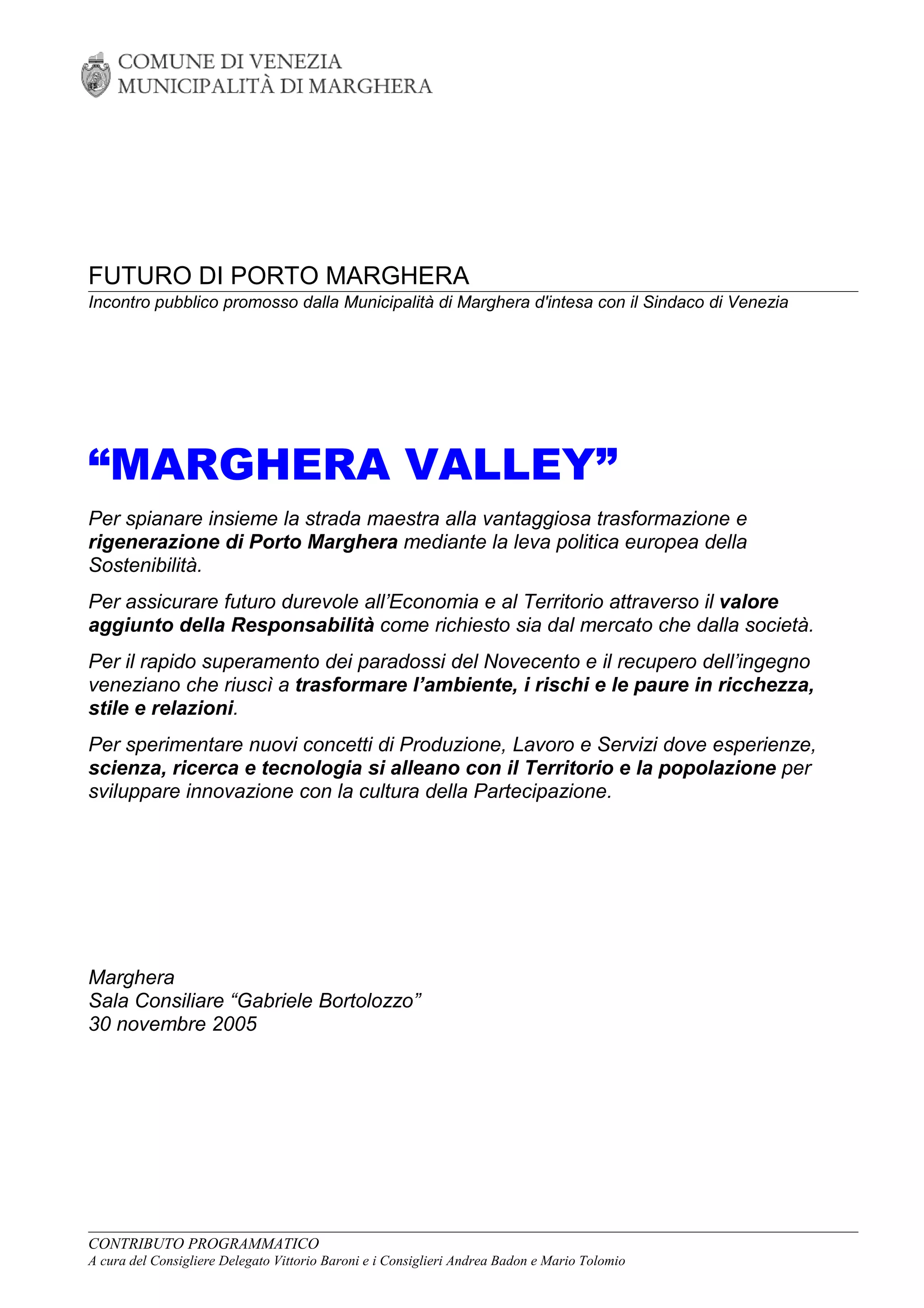 Documento "MARGHERA VALLEY", orientamenti per PORTO MARGHERA