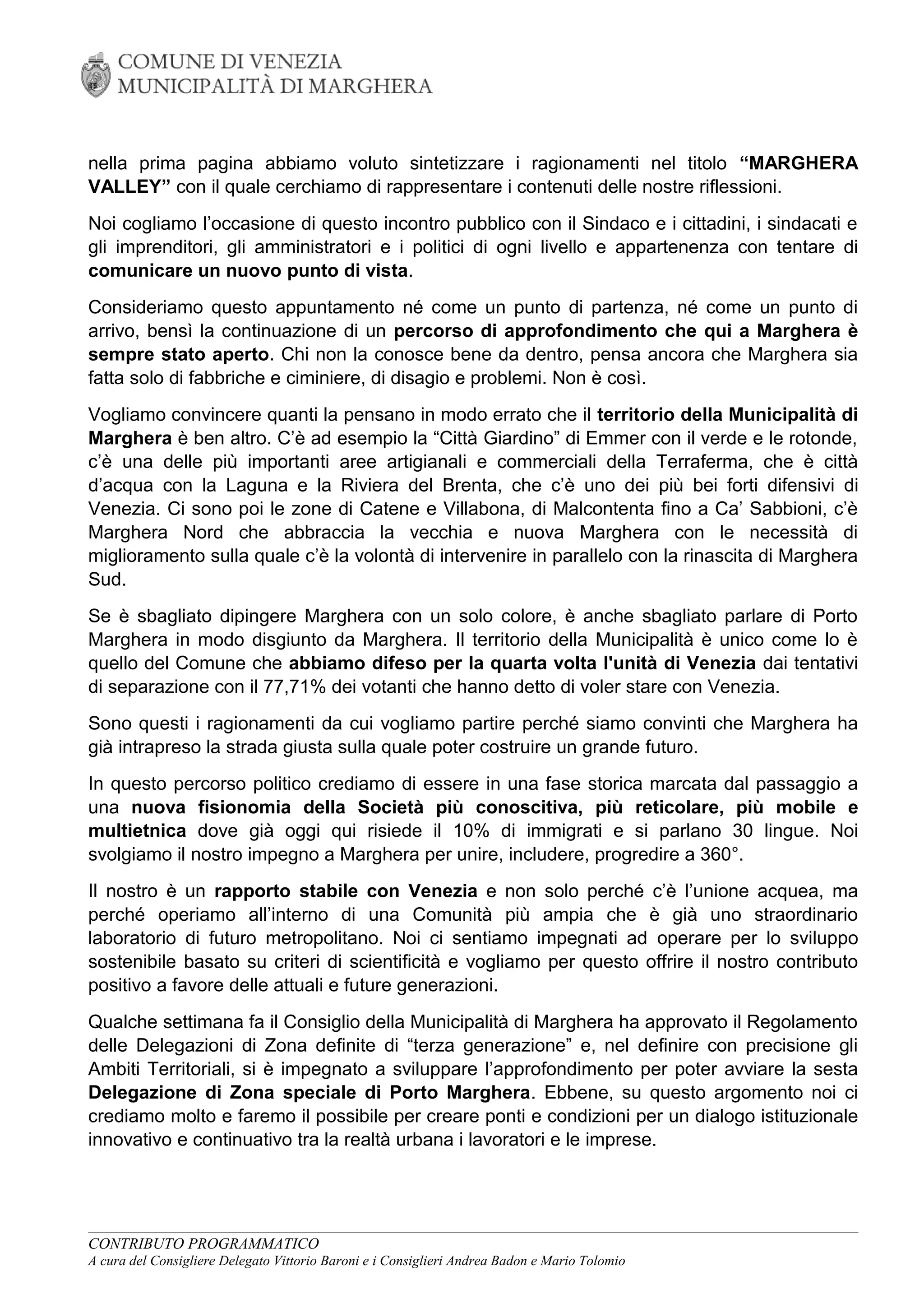 Documento "MARGHERA VALLEY", orientamenti per PORTO MARGHERA