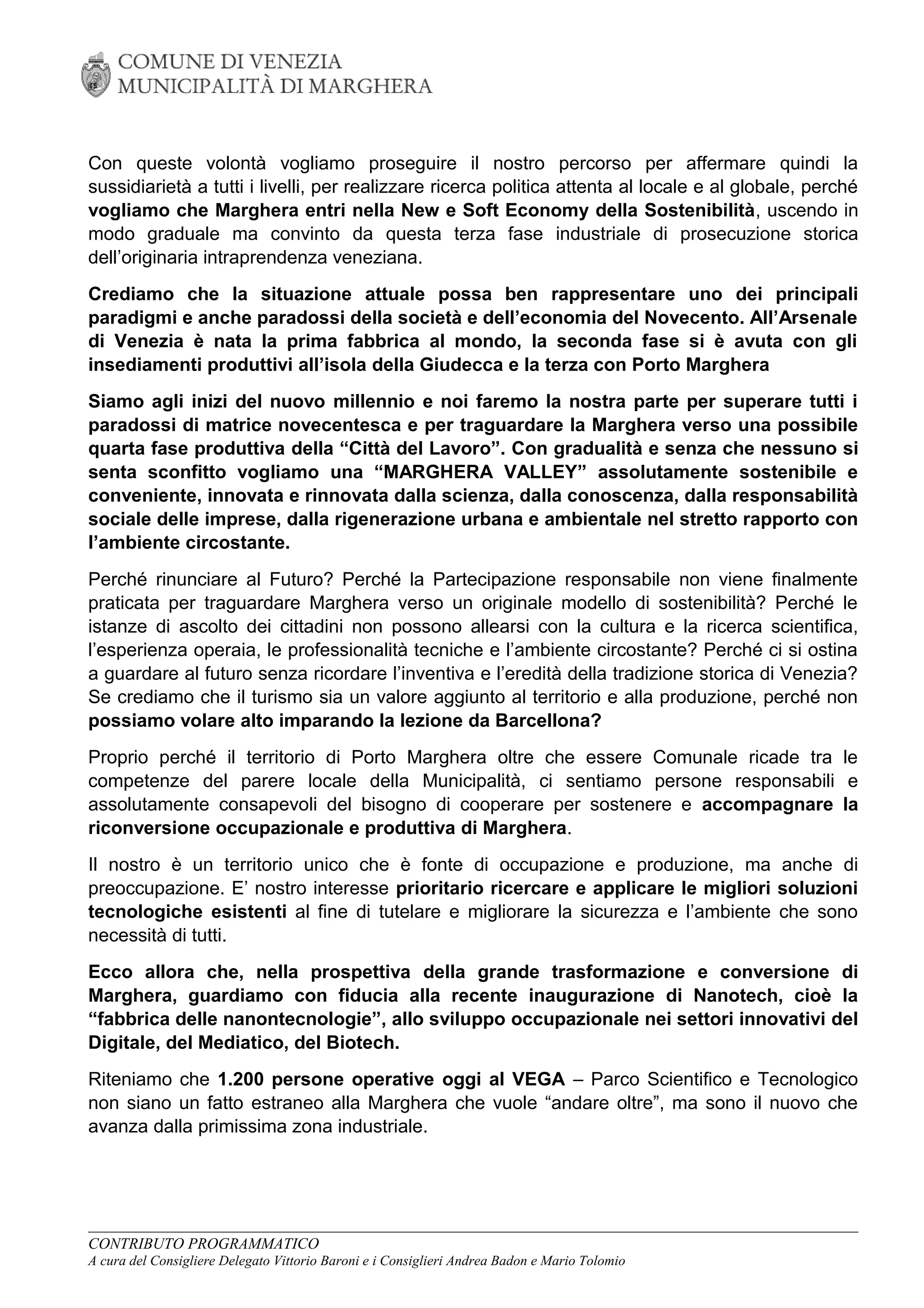 Documento "MARGHERA VALLEY", orientamenti per PORTO MARGHERA
