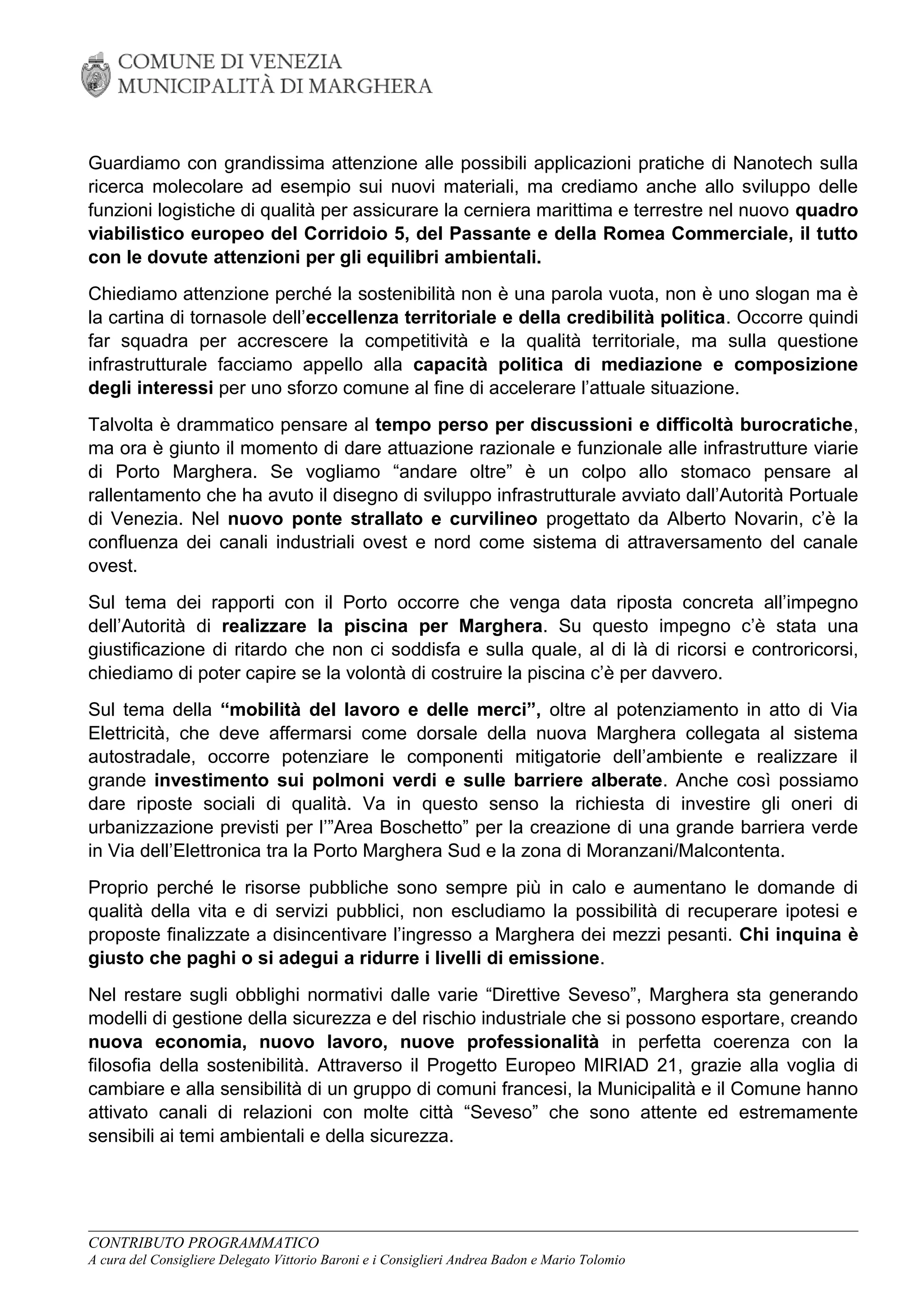 Documento "MARGHERA VALLEY", orientamenti per PORTO MARGHERA