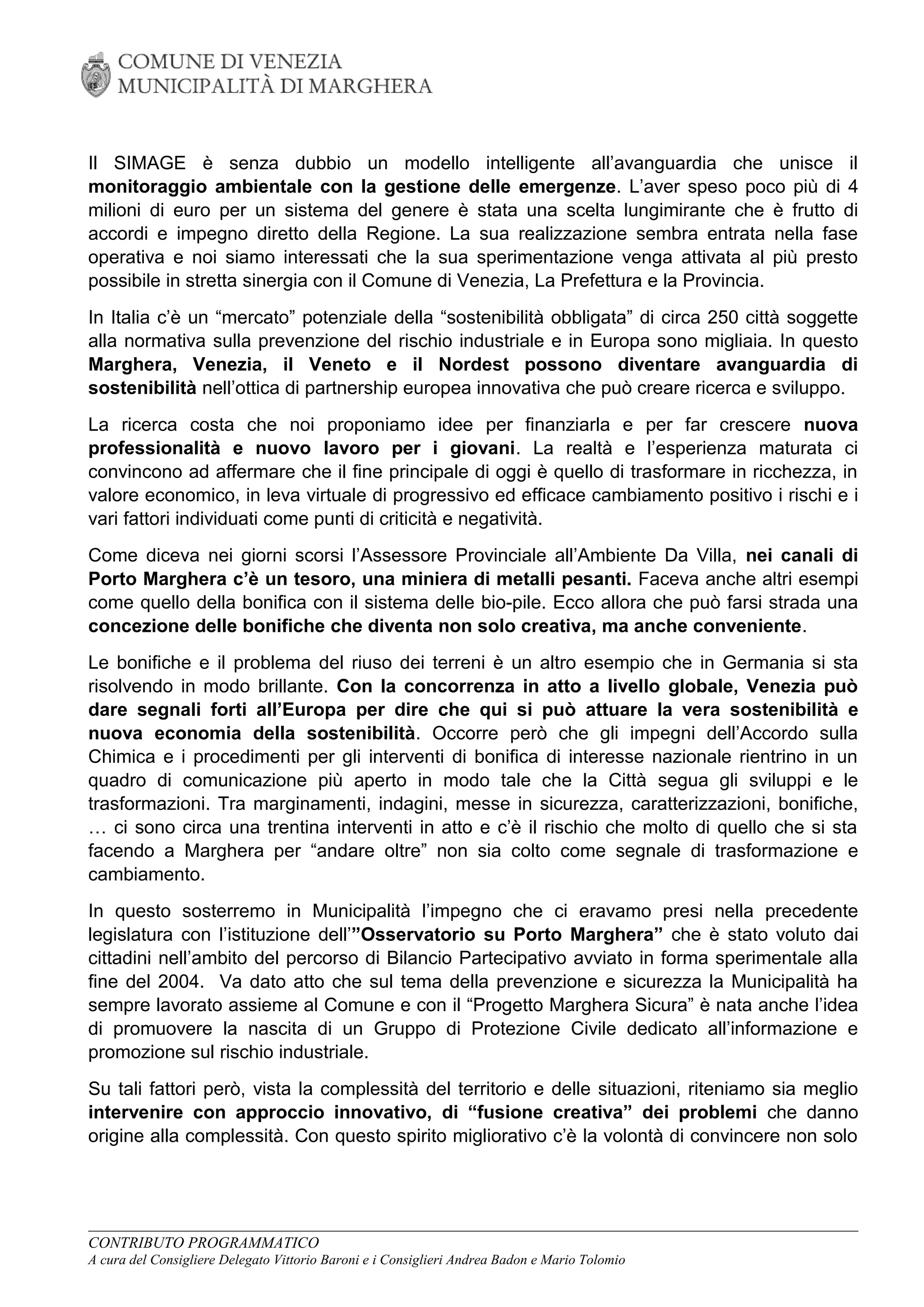 Documento "MARGHERA VALLEY", orientamenti per PORTO MARGHERA
