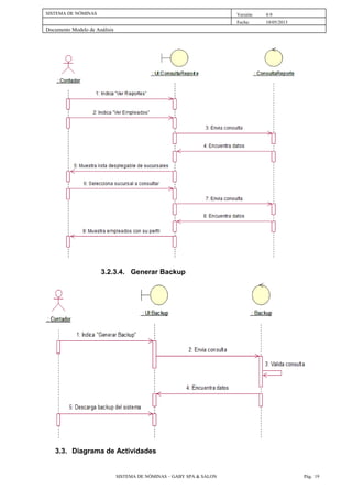 SISTEMA DE NÓMINAS Versión: 0.9
Fecha: 10/05/2013
Documento Modelo de Análisis
3.2.3.4. Generar Backup
3.3. Diagrama de Actividades
SISTEMA DE NÓMINAS – GABY SPA & SALON Pág. 19
 