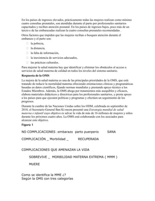 En los países de ingresos elevados, prácticamente todas las mujeres realizan como mínimo
cuatro consultas prenatales, son atendidas durante el parto por profesionales sanitarios
capacitados y reciben atención posnatal. En los países de ingresos bajos, poco más de un
tercio e de las embarazadas realizan la cuatro consultas prenatales recomendadas .
Otros factores que impiden que las mujeres reciban o busquen atención durante el
embarazo y el parto son:
    la pobreza,
    la distancia,
    la falta de información,
    la inexistencia de servicios adecuados,
    las prácticas culturales.
Para mejorar la salud materna hay que identificar y eliminar los obstáculos al acceso a
servicios de salud materna de calidad en todos los niveles del sistema sanitario.
Respuesta de la OMS
La mejora de la salud materna es una de las principales prioridades de la OMS, que está
tratando de reducir la mortalidad materna ofreciendo orientaciones clínicas y programáticas
basadas en datos científicos, fijando normas mundiales y prestando apoyo técnico a los
Estados Miembros. Además, la OMS aboga por tratamientos más asequibles y eficaces,
elabora materiales didácticos y directrices para los profesionales sanitarios, y presta apoyo
a los países para que ejecuten políticas y programas y efectúen un seguimiento de los
progresos.
Durante la cumbre de las Naciones Unidas sobre los ODM, celebrada en septiembre de
2010, el Secretario General Ban Ki-moon presentó una Estrategia mundial de salud
materna e infantil cuyo objetivo es salvar la vida de más de 16 millones de mujeres y niños
durante los próximos cuatro años. La OMS está colaborando con los asociados para
alcanzar este objetivo.
Figura 1

NO COMPLICACIONES :embarazo parto puerperio                            SANA

COMPLICACIÓN _ Morbilidad _                    RECUPERADA


COMPLICACIONES QUE AMENAZAN LA VIDA

      SOBREVIVE _ MORBILIDAD MATERNA EXTREMA ( MMM )

      MUERE


Como se identifica la MME ¿?
Según la OMS con tres categorías
 