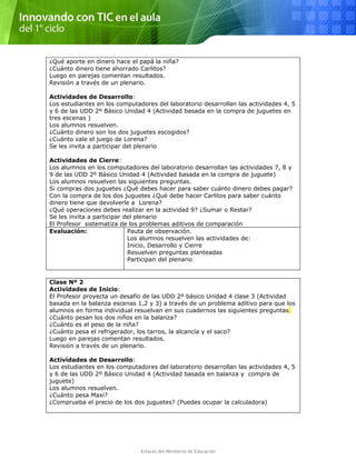 ¿Qué aporte en dinero hace el papá la niña?
¿Cuánto dinero tiene ahorrado Carlitos?
Luego en parejas comentan resultados.
Revisión a través de un plenario.
Actividades de Desarrollo:
Los estudiantes en los computadores del laboratorio desarrollan las actividades 4, 5
y 6 de las UDD 2º Básico Unidad 4 (Actividad basada en la compra de juguetes en
tres escenas )
Los alumnos resuelven.
¿Cuánto dinero son los dos juguetes escogidos?
¿Cuánto vale el juego de Lorena?
Se les invita a participar del plenario
Actividades de Cierre:
Los alumnos en los computadores del laboratorio desarrollan las actividades 7, 8 y
9 de las UDD 2º Básico Unidad 4 (Actividad basada en la compra de juguete)
Los alumnos resuelven las siguientes preguntas.
Si compras dos juguetes ¿Qué debes hacer para saber cuánto dinero debes pagar?
Con la compra de los dos juguetes ¿Qué debe hacer Carlitos para saber cuánto
dinero tiene que devolverle a Lorena?
¿Qué operaciones debes realizar en la actividad 9? ¿Sumar o Restar?
Se les invita a participar del plenario
El Profesor sistematiza de los problemas aditivos de comparación
Evaluación: Pauta de observación.
Los alumnos resuelven las actividades de:
Inicio, Desarrollo y Cierre
Resuelven preguntas planteadas
Participan del plenario
Clase Nº 2
Actividades de Inicio:
El Profesor proyecta un desafío de las UDD 2º básico Unidad 4 clase 3 (Actividad
basada en la balanza escenas 1,2 y 3) a través de un problema aditivo para que los
alumnos en forma individual resuelvan en sus cuadernos las siguientes preguntas
¿Cuánto pesan los dos niños en la balanza?
¿Cuánto es el peso de la niña?
¿Cuánto pesa el refrigerador, los tarros, la alcancía y el saco?
Luego en parejas comentan resultados.
Revisión a través de un plenario.
Actividades de Desarrollo:
Los estudiantes en los computadores del laboratorio desarrollan las actividades 4, 5
y 6 de las UDD 2º Básico Unidad 4 (Actividad basada en balanza y compra de
juguete)
Los alumnos resuelven.
¿Cuánto pesa Maxi?
¿Comprueba el precio de los dos juguetes? (Puedes ocupar la calculadora)
Enlaces del Ministerio de Educación
 