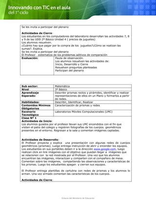 Se les invita a participar del plenario
Actividades de Cierre:
Los estudiantes en los computadores del laboratorio desarrollan las actividades 7, 8
y 9 de las UDD 2º Básico Unidad 4 ( precios de juguetes)
Los alumnos resuelven.
¿Cuánto hay que pagar por la compra de los juguetes?¿Cómo se realizan las
sumas?. Explica.
Se les invita a participar del plenario
El Profesor sistematiza de los problemas aditivos de comparación
Evaluación: Pauta de observación.
Los alumnos resuelven las actividades de:
Inicio, Desarrollo y Cierre
Resuelven preguntas planteadas
Participan del plenario
Sub sector: Matemática
Nivel 3º Básico
Aprendizaje
Esperado:
Describir prismas rectos y pirámides, identificar y realizar
representaciones de ellos en un Plano y formarlos a partir
de redes.
Habilidades: Describir, Identificar, Realizar
Contenidos Mínimos
Obligatorios
Caracterización de prismas y redes
Escenario
Tecnológico
Laboratorios Móviles Computacionales (LMC)
Clase Nº 1
Actividades de Inicio:
Los alumnos guiados por el profesor llevan sus LMC encendidos con el fin que
visiten el patio del colegio y registren fotografías de los cuerpos geométricos
presentes en el entorno. Regresan a la sala y comentan imágenes captadas.
Actividades de Desarrollo:
El Profesor proyecta y explica una presentación con algunas redes de cuerpos
geométricos (prismas). Luego entrega instrucción de abrir y encender los equipos.
Los estudiantes en sus portátiles deben ir a la dirección www.google.com, luego
realizan click en link imágenes con el objetivo que puedan llegar a imágenes que
se relacionen con la red mostrada por el Profesor. Una vez que los alumnos
encuentran las imágenes, interactúan y comparten con el compañero de mesa.
Comentan sobre las imágenes, compartiendo las observaciones y características de
los prismas. Luego los estudiantes apagan y cierran sus equipos.
El Profesor entrega plantillas de cartulina con redes de prismas y los alumnos lo
arman. Una vez armado comentan las características de los cuerpos.
Actividades de Cierre:
Enlaces del Ministerio de Educación
 