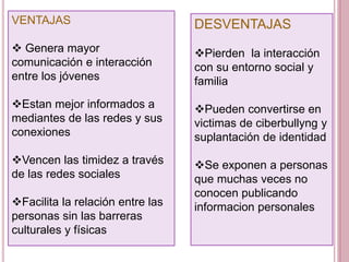VENTAJAS
 Genera mayor
comunicación e interacción
entre los jóvenes
Estan mejor informados a
mediantes de las redes y sus
conexiones
Vencen las timidez a través
de las redes sociales
Facilita la relación entre las
personas sin las barreras
culturales y físicas
DESVENTAJAS
Pierden la interacción
con su entorno social y
familia
Pueden convertirse en
victimas de ciberbullyng y
suplantación de identidad
Se exponen a personas
que muchas veces no
conocen publicando
informacion personales
 