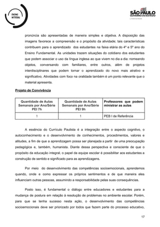 pronúncia são apresentadas de maneira simples e objetiva. A disposição das
imagens favorece a compreensão e o propósito da atividade; tais características
contribuem para o aprendizado dos estudantes na faixa etária do 4º e 5º ano do
Ensino Fundamental. As unidades trazem situações do cotidiano dos estudantes
que podem associar o uso da língua inglesa ao que vivem no dia a dia: nomeando
objetos, conversando com familiares, entre outros, além de projetos
interdisciplinares que podem tornar o aprendizado do novo mais atrativo e
significativo. Atividades com foco na oralidade também é um ponto relevante que o
material apresenta.
Projeto de Convivência
Quantidade de Aulas
Semanais por Ano/Série
PEI 7h
Quantidade de Aulas
Semanais por Ano/Série
PEI 9h
Professores que podem
ministrar as aulas
1 1 PEB I de Referência
A essência do Currículo Paulista é a integração entre o aspecto cognitivo, o
autoconhecimento e o desenvolvimento de conhecimentos, procedimentos, valores e
atitudes, a fim de que a aprendizagem possa ser planejada a partir de uma preocupação
pedagógica e, também, humanista. Diante dessa perspectiva e consciente de que o
propósito da educação integral, o papel da equipe escolar é possibilitar aos estudantes a
construção de sentido e significado para as aprendizagens.
Por meio do desenvolvimento das competências socioemocionais, aprendemos
quando, onde e como expressar os próprios sentimentos e de que maneira eles
influenciam outras pessoas, assumindo a responsabilidade pelas suas consequências.
Posto isso, é fundamental o diálogo entre educadores e estudantes para a
mudança de postura em relação à resolução de problemas no ambiente escolar. Porém,
para que se tenha sucesso nesta ação, o desenvolvimento das competências
socioemocionais deve ser priorizado por todos que fazem parte do processo educativo,
17
 