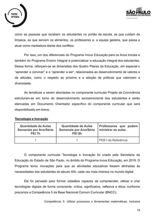 como as pessoas que recebem os estudantes no portão da escola, as que cuidam da
limpeza, as que servem os alimentos, os professores e, a equipe gestora, que passa a
atuar como mediadora diante dos conflitos.
Por isso, um dos diferenciais do Programa Inova Educação para os Anos Iniciais e
também do Programa Ensino Integral é potencializar a educação integral dos estudantes.
Dessa forma, reforçam-se as dimensões dos Quatro Pilares da Educação, em especial o
“aprender a conviver” e o “aprender a ser”, relacionados ao desenvolvimento de valores e
de atitudes, como o respeito ao próximo e a adoção de práticas que valorizem a
diversidade.
As temáticas a serem abordadas no componente curricular Projeto de Convivência
estruturam-se em torno do desenvolvimento socioemocional dos estudantes e serão
elencadas em Documento Orientador específico do componente curricular que será
disponibilizado em breve.
Tecnologia e Inovação
Quantidade de Aulas
Semanais por Ano/Série
PEI 7h
Quantidade de Aulas
Semanais por Ano/Série
PEI 9h
Professores que podem
ministrar as aulas
1 1 PEB I de Referência
O componente curricular Tecnologia e Inovação foi criado pela Secretaria da
Educação do Estado de São Paulo, no âmbito do Programa Inova Educação, em 2019. O
Programa levou inovações para que as atividades educativas fossem alinhadas às
necessidades dos estudantes do século XXI, cada vez mais imersos no mundo digital.
Ele foi pensado para formar cidadãos capazes de compreender, utilizar e criar
tecnologias digitais de forma consciente, crítica, significativa, reflexiva e ética, conforme
preconiza a Competência 5 da Base Nacional Comum Curricular (BNCC):
Competência 5: Utilizar processos e ferramentas matemáticas, inclusive
18
 