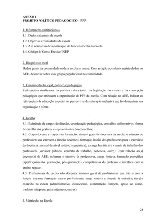 23
ANEXO I
PROJETO POLÍTICO PEDAGÓGICO – PPP
1. Informações Institucionais
1.1. Dados cadastrais da escola
1.2. Objetivos e finalidades da escola
1.3. Ato normativo de autorização de funcionamento da escola
1.4. Código do Censo Escolar/INEP
2. Diagnóstico local
Dados gerais da comunidade onde a escola se insere. Com relação aos alunos matriculados no
AEE, descrever sobre esse grupo populacional na comunidade.
3. Fundamentação legal, político e pedagógica
Referenciais atualizados da política educacional, da legislação do ensino e da concepção
pedagógica que embasam a organização do PPP da escola. Com relação ao AEE, indicar os
referenciais da educação especial na perspectiva da educação inclusiva que fundamentam sua
organização e oferta.
4. Gestão
4.1. Existência de cargos de direção, coordenação pedagógica, conselhos deliberativos; forma
de escolha dos gestores e representantes dos conselhos;
4.2. Corpo docente e respectiva formação: número geral de docentes da escola; o número de
professores que exercem a função docente; a formação inicial dos professores para o exercício
da docência (normal de nível médio, licenciatura); a carga horária e o vínculo de trabalho dos
professores (servidor público, contrato de trabalho, cedência, outro); Com relação ao(s)
docente(s) do AEE, informar o número de professores, carga horária, formação específica
(aperfeiçoamento, graduação, pós-graduação), competências do professor e interface com o
ensino regular;
4.3. Profissionais da escola não docentes: número geral de profissionais que não exerce a
função docente; formação desses profissionais; carga horária e vínculo de trabalho; função
exercida na escola (administrativa, educacional, alimentação, limpeza, apoio ao aluno,
tradutor intérprete, guia intérprete, outras).
5. Matrículas na Escola
 