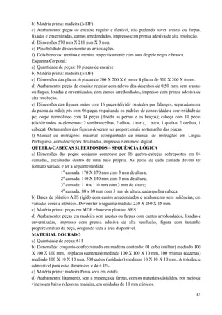 61
b) Matéria prima: madeira (MDF)
c) Acabamento: peças de encaixe regular e flexível, não podendo haver arestas ou farpas,
lixadas e envernizadas, cantos arredondados, impresso com prensa adesiva de alta resolução.
d) Dimensões 570 mm X 210 mm X 3 mm.
e) Possibilidade de desmontar as articulações.
f) Dois bonecos: menino e menina respectivamente com tons de pele negra e branca.
Esquema Corporal:
a) Quantidade de peças: 10 placas de encaixe
b) Matéria prima: madeira (MDF)
c) Dimensões das placas: 6 placas de 200 X 200 X 6 mm e 4 placas de 300 X 200 X 6 mm.
d) Acabamento: peças de encaixe regular com relevo dos desenhos de 0,50 mm, sem arestas
ou farpas, lixadas e envernizadas, com cantos arredondados, impresso com prensa adesiva de
alta resolução.
e) Dimensões das figuras: mãos com 16 peças (dividir os dedos por falanges, separadamente
da palma da mão); pés com 06 peças respeitando os padrões de concavidade e convexidade do
pé; corpo normolíneo com 14 peças (dividir as pernas e os braços); cabeça com 10 peças
(dividir todos os elementos: 2 sombrancelhas, 2 olhos, 1 nariz, 1 boca, 1 queixo, 2 orelhas, 1
cabeça). Os tamanhos das figuras deveram ser proporcionais ao tamanho das placas.
f) Manual de instruções: material acompanhado de manual de instruções em Língua
Portuguesa, com descrições detalhadas, impresso e em meio digital.
QUEBRA-CABEÇAS SUPERPOSTOS – SEQUÊNCIA LÓGICA
a) Dimensões das peças: conjunto composto por 06 quebra-cabeças sobrepostos em 04
camadas, encaixadas dentro de uma base própria. As peças de cada camada devem ter
formato variado e ter a seguinte medida:
1a
camada: 170 X 170 mm com 3 mm de altura;
2a
camada: 140 X 140 mm com 3 mm de altura;
3a
camada: 110 x 110 mm com 3 mm de altura;
4a
camada: 80 x 80 mm com 3 mm de altura, cada quebra cabeça.
b) Bases de plástico ABS rígido com cantos arredondados e acabamento sem saliências, em
variadas cores e atóxicos. Devem ter a seguinte medida: 230 X 250 X 15 mm.
c) Matéria prima: peças em MDF e base em plástico ABS.
d) Acabamento: peças em madeira sem arestas ou farpas com cantos arredondados, lixadas e
envernizadas, impresso com prensa adesiva de alta resolução, figura com tamanho
proporcional ao da peça, ocupando toda a área disponível.
MATERIAL DOURADO
a) Quantidade de peças: 611
b) Dimensões: conjunto confeccionado em madeira contendo: 01 cubo (milhar) medindo 100
X 100 X 100 mm, 10 placas (centenas) medindo 100 X 100 X 10 mm, 100 prismas (dezenas)
medindo 100 X 10 X 10 mm, 500 cubos (unidades) medindo 10 X 10 X 10 mm. A tolerância
admissível para estas dimensões é de ± 1%.
c) Matéria prima: madeira Pinus seca em estufa.
d) Acabamento: lixamento, sem a presença de farpas, com os materiais divididos, por meio de
vincos em baixo relevo na madeira, em unidades de 10 mm cúbicos.
 