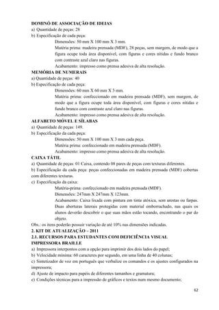 62
DOMINÓ DE ASSOCIAÇÃO DE IDEIAS
a) Quantidade de peças: 28
b) Especificação de cada peça:
Dimensões: 50 mm X 100 mm X 3 mm.
Matéria prima: madeira prensada (MDF), 28 peças, sem margem, de modo que a
figura ocupe toda área disponível, com figuras e cores nítidas e fundo branco
com contraste azul claro nas figuras.
Acabamento: impresso como prensa adesiva de alta resolução.
MEMÓRIA DE NUMERAIS
a) Quantidade de peças: 40
b) Especificação de cada peça:
Dimensões: 60 mm X 60 mm X 3 mm.
Matéria prima: confeccionado em madeira prensada (MDF), sem margem, de
modo que a figura ocupe toda área disponível, com figuras e cores nítidas e
fundo branco com contraste azul claro nas figuras.
Acabamento: impresso como prensa adesiva de alta resolução.
ALFABETO MÓVEL E SÍLABAS
a) Quantidade de peças: 149.
b) Especificação da cada peça:
Dimensões: 50 mm X 100 mm X 3 mm cada peça.
Matéria prima: confeccionado em madeira prensada (MDF).
Acabamento: impresso como prensa adesiva de alta resolução.
CAIXA TÁTIL
a) Quantidade de peças: 01 Caixa, contendo 08 pares de peças com texturas diferentes.
b) Especificação da cada peça: peças confeccionadas em madeira prensada (MDF) cobertas
com diferentes texturas.
c) Especificação da caixa:
Matéria-prima: confeccionado em madeira prensada (MDF).
Dimensões: 247mm X 247mm X 123mm.
Acabamento: Caixa lixada com pintura em tinta atóxica, sem arestas ou farpas.
Duas aberturas laterais protegidas com material emborrachado, nas quais os
alunos deverão descobrir o que suas mãos estão tocando, encontrando o par do
objeto.
Obs.: os itens poderão possuir variação de até 10% nas dimensões indicadas.
2. KIT DE ATUALIZAÇÃO – 2011
2.1. RECURSOS PARA ESTUDANTES COM DEFICIÊNCIA VISUAL
IMPRESSORA BRAILLE
a) Impressora interpontos com a opção para imprimir dos dois lados do papel;
b) Velocidade mínima: 60 caracteres por segundo, em uma linha de 40 colunas;
c) Sintetizador de voz em português que verbalize os comandos e os ajustes configurados na
impressora;
d) Ajuste de impacto para papéis de diferentes tamanhos e gramatura;
e) Condições técnicas para a impressão de gráficos e textos num mesmo documento;
 
