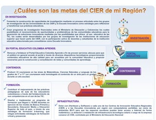  Contribuir al mejoramiento de las prácticas
pedagógicas de aula de los educadores
colombianos a través del fortalecimiento de
sus competencias en el uso de las TIC.
 Diseñar e implementar un programa de
formación que llegará a 16.000 docentes en
ejercicio de los niveles de Básica Primaria y
Secundaria, Educación Media y Educación
Superior de todo el país, a través de una
estrategia de formación b-learning, que
integra actividades estrategias de formación
virtual y presencial.
.
 Dotar con (Hardware y Software) a cada uno de los Centros de Innovación Educativa Regionales
(CIER) y a las Escuelas innovadoras por región con computadores portátiles, así como de
ambientes Wi-Fi para que los espacios escolares puedan tener acceso a Internet de forma
inalámbrica. La dotación e instalación de infraestructura tecnológica estará a cargo de la empresa
coreana LG CNS, contratada por el Ministerio de Educación Nacional
CONTENIDOS
 Fomentar la construcción de capacidades de investigación mediante un proceso articulado entre los grupos
de investigación de las Universidades de los CIER y la Escuela Innovadora como estrategia para reflexionar
y transformar sus prácticas educativas.
 Crear programas de investigación financiados entre el Ministerio de Educación y Colciencias los cuales
posibilitarán el reconocimiento de oportunidades y problemáticas de las comunidades educativas para la
generación de soluciones innovadoras mediadas por las posibilidades que ofrece el uso educativo de las
TIC, los cuales serán desarrollados por los grupos de investigación de las instituciones de educación
superior que hacen parte del CIER, con la participación activa de docentes y estudiantes de la institución
educativa seleccionada para consolidarse como Escuela Innovadora.
 Renovar y fortalecer el Portal Educativo Colombia Aprende a fin de proveer servicios ubicuos para que
el público en general acceda al portal a través de diversos dispositivos tecnológicos proporcionando
contenidos educativos de alta calidad para ser accedidos por la comunidad educativa y propiciar
escenarios para la construcción y consolidación de redes y comunidades de aprendizaje.
 Producir 33 courseware en las áreas de Matemáticas, Ciencias Naturales y Lenguaje de los
grados de 1° a 11° (un courseware está homologado al contenido de un área para un grado ,
durante un año escolar)
 