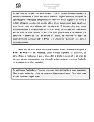 Documento Orientador
Planejamento 2016
SEE/CGEB
13
Há, nos materiais de apoio à implementação do Currículo, para professores e alunos dos
Ensinos Fundamental e Médio, sequências didáticas, projetos temáticos, situações de
aprendizagem e indicações bibliográficas que oferecem muitas sugestões de leitura e
indicam sites para consulta, mas que não são os únicos subsídios dos quais o professor
pode lançar mão para elaborar seu planejamento. É imprescindível que outros
instrumentos para a implementação do currículo sejam incorporados nas práticas em
sala de aula: os livros didáticos do PNLD, os livros paradidáticos e de literatura que
compõem o acervo da Sala de Leitura da escola, os materiais de apoio ao
desenvolvimento curricular (CD e DVD), e a plataforma Currículo+ que contém
conteúdos digitais.
Neste ano de 2016, a rede estadual terá acesso a mais um material de apoio: a
Matriz da Avaliação em Processo. Essas matrizes explicitam os conteúdos, as
competências e habilidades a que os alunos têm o direito de desenvolver ao longo do
percurso escolar, destacando as que orientarão a elaboração das provas da Avaliação
da Aprendizagem em Processo (AAP).
As Matrizes da Avaliação em Processo impressas foram distribuídas a todas as escolas.
Elas também estão disponíveis na plataforma Foco Aprendizagem. Para saber mais
sobre a plataforma, veja o Anexo 1.
 