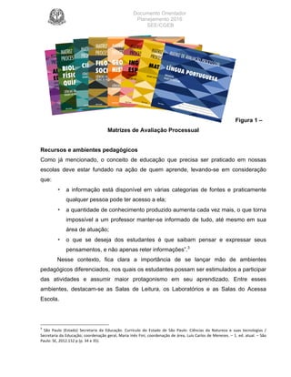 Documento Orientador
Planejamento 2016
SEE/CGEB
14
Figura 1 –
Matrizes de Avaliação Processual
Recursos e ambientes pedagógicos
Como já mencionado, o conceito de educação que precisa ser praticado em nossas
escolas deve estar fundado na ação de quem aprende, levando-se em consideração
que:
• a informação está disponível em várias categorias de fontes e praticamente
qualquer pessoa pode ter acesso a ela;
• a quantidade de conhecimento produzido aumenta cada vez mais, o que torna
impossível a um professor manter-se informado de tudo, até mesmo em sua
área de atuação;
• o que se deseja dos estudantes é que saibam pensar e expressar seus
pensamentos, e não apenas reter informações”.3
Nesse contexto, fica clara a importância de se lançar mão de ambientes
pedagógicos diferenciados, nos quais os estudantes possam ser estimulados a participar
das atividades e assumir maior protagonismo em seu aprendizado. Entre esses
ambientes, destacam-se as Salas de Leitura, os Laboratórios e as Salas do Acessa
Escola.
3
	 São	 Paulo	 (Estado)	 Secretaria	 da	 Educação.	 Currículo	 do	 Estado	 de	 São	 Paulo:	 Ciências	 da	 Natureza	 e	 suas	 tecnologias	 /	
Secretaria	da	Educação;	coordenação	geral,	Maria	Inês	Fini;	coordenação	de	área,	Luis	Carlos	de	Menezes.	–	1.	ed.	atual.	–	São	
Paulo:	SE,	2012.152	p	(p.	34	e	35).	
 