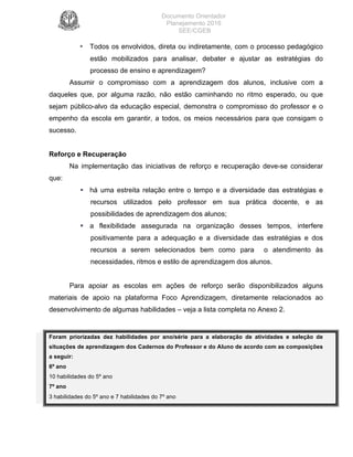 Documento Orientador
Planejamento 2016
SEE/CGEB
20
• Todos os envolvidos, direta ou indiretamente, com o processo pedagógico
estão mobilizados para analisar, debater e ajustar as estratégias do
processo de ensino e aprendizagem?
Assumir o compromisso com a aprendizagem dos alunos, inclusive com a
daqueles que, por alguma razão, não estão caminhando no ritmo esperado, ou que
sejam público-alvo da educação especial, demonstra o compromisso do professor e o
empenho da escola em garantir, a todos, os meios necessários para que consigam o
sucesso.
Reforço e Recuperação
Na implementação das iniciativas de reforço e recuperação deve-se considerar
que:
§ há uma estreita relação entre o tempo e a diversidade das estratégias e
recursos utilizados pelo professor em sua prática docente, e as
possibilidades de aprendizagem dos alunos;
§ a flexibilidade assegurada na organização desses tempos, interfere
positivamente para a adequação e a diversidade das estratégias e dos
recursos a serem selecionados bem como para o atendimento às
necessidades, ritmos e estilo de aprendizagem dos alunos.
Para apoiar as escolas em ações de reforço serão disponibilizados alguns
materiais de apoio na plataforma Foco Aprendizagem, diretamente relacionados ao
desenvolvimento de algumas habilidades – veja a lista completa no Anexo 2.
Foram priorizadas dez habilidades por ano/série para a elaboração de atividades e seleção de
situações de aprendizagem dos Cadernos do Professor e do Aluno de acordo com as composições
a seguir:
6º ano
10 habilidades do 5º ano
7º ano
3 habilidades do 5º ano e 7 habilidades do 7º ano
 