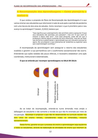 PLANO DE RECOMPOSIÇÃO DAS APRENDIZAGENS - PRA
12
A Recomposição das Aprendizagens – Como planejá-la e
realizá-la
O que conduz a proposta do Plano de Recomposição das Aprendizagens é o que
vamos ensinar aos estudantes que retornaram à sala de aula após o período da pandemia
com uma lacuna de dois anos de estudos. Como recompor o que é prioritário para o seu
avanço na aprendizagem? Catalani, E(2022) destaca que:
“Isso significa que o planejamento não será feito sobre a pergunta ‘O que
a(o) estudante não aprendeu ano passado?’, mas sim ‘O que você vai
ensinar a ela(e) este ano?’. Com essa pergunta, pode até ser que a
professora retome algum conteúdo de anos anteriores, mas ela vai fazer
isso de forma a potencializar o aprendizado que a(o) aluna(o) precisa ter
agora. Ela vai preparar o que chamamos de ‘andaimes ou suportes’ para
que a aprendizagem aconteça.”
A recomposição da aprendizagem sem assegurar o retorno dos estudantes
evadidos e garantir a sua permanência com o acolhimento socioemocional não ocorre.
Entendendo que ações isoladas são pouco efetivas, é necessário estabelecer uma ação
coordenada, institucional e sistematizada.
O que se entende por recompor aprendizagens na SALA DE AULA:
Ao se tratar de recomposição, entende-se numa dimensão mais ampla a
defasagem do estudante e não somente a revisão do que não foi ensinado por meio de
recuperação. Recompor é propiciar o que não foi desenvolvido no currículo escolar nos
dois anos de ensino remoto, considerando todas as dimensões, inclusive
socioemocionais.
Desta forma, garante-se que o processo de ensino e aprendizagem seja equânime
a todos os estudantes, através da elaboração de atividades de ensino que retomem as
Ensinar
Reestabelecer
o
ensino
Reduzir
desigualdades
de
desempenho
escolar
 
