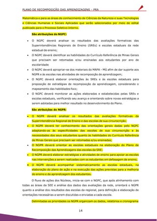 PLANO DE RECOMPOSIÇÃO DAS APRENDIZAGENS - PRA
14
Matemática e para as áreas de conhecimento de Ciências da Natureza e suas Tecnologias
e Ciências Humanas e Sociais Aplicadas que serão selecionados por meio de edital
publicado para o Processo Seletivo Interno.
São atribuições do NGPC:
 O NGPC deverá analisar os resultados das avaliações formativas das
Superintendências Regionais de Ensino (SREs) e escolas estaduais da rede
estadual de ensino;
 O NGPC deverá identificar as habilidades do Currículo Referência de Minas Gerais
que precisam ser retomadas e/ou ensinadas aos estudantes por ano de
escolaridade;
 O NGPC deverá apropriar-se dos materiais do MAPA - MG afim de dar suporte aos
NGPR e às escolas nas atividades de recomposição de aprendizagem;
 O NGPC deverá elaborar orientações às SREs e às escolas estaduais para
proposição de estratégias de recomposição da aprendizagem, considerando o
mapeamento das habildiades foco;
 O NGPC deverá monitorar as ações elaboradas e estabelecidas pelas SREs e
escolas estaduais, verificando seu avanço e orientando sobre novas estratégias a
serem adotadas para melhor resultado no desenvolvimento do Plano.
São atribuições do NGPR:
 O NGPR deverá analisar os resultados das avaliações formativas da
Superintendência Regional de Ensino e das escolas de sua circunscrição;
 O NGPR deverá ter conhecimento das orientações gerais dadas pelo NGPC
adaptando-as às especificidades das escolas de sua circunscrição e às
necessidades dos seus estudantes quanto às habilidades do Currículo Referência
de Minas Gerais que precisam ser retomadas e/ou ensinadas;
 O NGPR deverá orientar as escolas estaduais na elaboração do Plano de
Recomposição das Aprendizagens das escolas da SRE;
 O NGPR deverá elaborar estratégias e atividades de ensino para apoiar as escolas
nas intervenções a serem realizadas com os estudantes em defasagem de ensino;
 O NGPR deverá acompanhar sistematicamente as escolas estaduais, na
elaboração do plano de ação e na execução das ações previstas para a melhoria
do ensino e da aprendizagem dos estudantes.
O fluxo de ações dos Núcleos, inicia-se com o NGPC, que após alinhamento com
todas as áreas da SEE e análise dos dados das avaliações da rede, orientará o NGPR
quanto a análise dos resultados das escolas da regional, para definição e elaboração de
orientações necessárias a serem discutidas e enviadas a cada escola.
Delimitadas as prioridades os NGPR organizam os dados, relatórios e cronograma
 