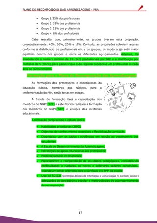 PLANO DE RECOMPOSIÇÃO DAS APRENDIZAGENS - PRA
17
 Grupo 1: 35% dos profissionais
 Grupo 2: 32% dos profissionais
 Grupo 3: 25% dos profissionais
 Grupo 4: 8% dos profissionais
Cabe ressaltar que, primeiramente, os grupos tiveram esta proporção,
consecutivamente: 40%, 30%, 20% e 10%. Contudo, as proporções sofreram ajustes
conforme a distribuição de profissionais entre os grupos, de modo a garantir maior
equilíbrio dentro dos grupos e entre os diferentes agrupamentos. Ademais, foi
estabelecido o número mínimo de 10 (dez) profissionais por SRE e a distribuição por
múltiplos de 5 (cinco), para garantir que cada regional recebesse um profissional de cada
área de conhecimento.
Formação para o Plano de Recomposição das Aprendizagens
As formações dos professores e especialistas da
Educação Básica, membros dos Núcleos, para a
implementação do PRA, serão feitas em etapas.
A Escola de Formação fará a capacitação dos
membros do NGPC(SEE) e este Núcleo realizará a formação
dos membros do NGPR(SRE) e equipes das diretorias
educacionais.
A formação compreende o estudo sobre:
 Habilidades prioritárias CRMG;
 Objetivos de conhecimento essenciais e flexibilização curricular;
 Diagnóstico com os dados e evidências em relação ao desempenho dos
estudantes;
 A Escala de Desenvolvimento da Aprendizagem;
 Estratégias de apoio educacional aos professores;
 Políticas públicas intersetoriais;
 Planejamento e reorganização de atividades pedagógicas, considerando
continuidades e rupturas, os novos e anteriores saberes construídos,
visando um olhar criterioso para o currículo e o PPP da escola;
 Uso de TDICs(Tecnologias Digitais da Informação e Comunicação no contexto escolar:)
adequadas ao pedagógico escolar e metodologias de acompanhamento
da recomposição.
 