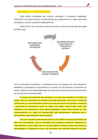 PLANO DE RECOMPOSIÇÃO DAS APRENDIZAGENS - PRA
18
Indicadores e Monitoramento
Toda política estratégica que envolva resultados é necessário estabelecer
indicadores e procedimentos de monitoramento que apresentem se a ação está sendo
alcançada ou se será necessário replanejamento.
Desta forma, três indicadores serão priorizados ao longo da execução das ações
do PRA, sendo:
Resultado das
avaliações
formativas
Acompanhament
o das taxas de
frequência
escolar
Aproveitamento
escolar bimestral
Como já discutido inicialmente, o acompanhamento da frequência de cada estudante,
estabelece a perspectiva de permanência na escola. Se há presença do estudante na
escola, é devido a uma responsabilização da escola e dos responsáveis por este estudante
em seu processo de escolarização.
Ao longo do fechamento dos bimestres, e a partir das reuniões de Conselho de
Classe, além da verificação da frequência de cada estudante e da turma, é essencial
verificarmos se o aproveitamento escolar da turma está dentro do esperado, analisando
o percentual de estudantes acima ou abaixo da média. Desta forma, esses dois
indicadores nos apresentam, quais ações pedagógicas estão sendo eficazes ou não,
compreendendo se o plano de recomposição está apresentando resultados para a
permanência e aprendizado de cada estudante.
Um outro indicador essencial para termos uma análise minuciosa da eficiência do
plano de recomposição, são os resultados das avaliações formativas (diagnóstica e
intermediária). A partir deste ano, as escolas poderão analisar através das escalas de
aprendizagem o resultado da turma e do estudante com definição específica de quais
 
