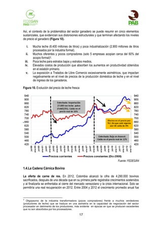 Así, el contexto de la problemática del sector ganadero se puede resumir en cinco elementos
sustanciales, que evidencian sus distorsiones estructurales y que terminan afectando los niveles
de precio al ganadero (Figura 10).
i.
ii.
iii.
iv.
v.

Mucha leche (6.400 millones de litros) y poca industrialización (2.900 millones de litros
procesados por la industria formal).
Muchos oferentes y pocos compradores (solo 5 empresas acopian cerca del 60% del
acopio formal)3.
Poca leche para estratos bajos y estratos medios.
Elevados costos de producción que absorben los aumentos en productividad obtenidos
en el eslabón primario.
La exposición a Tratados de Libre Comercio excesivamente asimétricos, que impactan
negativamente en el nivel de precios de la producción doméstica de leche y en el nivel
de ingreso de los ganaderos.

Figura 10. Evolución del precio de leche fresca

Fuente: FEDEGÁN

1.4.La Cadena Cárnica Bovina
La oferta de carne de res. En 2012, Colombia alcanzó la cifra de 4.290.000 bovinos
sacrificados, después de una década que en su primera parte registraba crecimientos sostenidos
y al finalizarla se enfrentaba al cierre del mercado venezolano y la crisis internacional. Solo se
permitiría una real recuperación en 2012. Entre 2004 y 2012 el crecimiento promedio anual fue

3

Oligopsonio de la industria transformadora (pocos compradores) frente a muchos vendedores
(productores de leche) que se traduce en una asimetría en la capacidad de negociación del sector
procesador en detrimento de los productores, más evidente en épocas en que se producen excedentes
que no son absorbidos por los procesadores.

17

 
