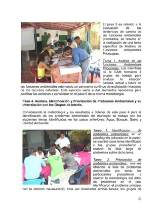 27
El paso 3 es referido a la
evaluación de las
tendencias de cambio de
las funciones ambientales
priorizadas, se resume en
la realización de una tarea
específica de Análisis de
Funciones Ambientales
Priorizadas.
Tarea 1. Análisis de las
funciones Ambientales
Priorizadas: Los miembros
de la CAM formaron 4
grupos de trabajo para
analizar la situación
pasada, actual y futura de
las funciones ambientales retomando un panorama continuo de explotación irracional
de los recursos naturales. Este ejercicio viene a dar elementos necesarios para
justificar las acciones a considerar en el paso 6 de la misma metodología.
Paso 4. Análisis, Identificación y Priorización de Problemas Ambientales y su
interrelación con los Grupos de Interés.
Considerando la metodología y los resultados a obtener de este paso 4 para la
identificación de los problemas ambientales del municipio se trabajo con los
siguientes temas identificados en los pasos anteriores: Agua; Bosque; Suelo y
Calidad Ambiental;
Tarea 1. Identificación de
problemas ambientales: en un
pápelografo colocado en la pared,
se escribió cada tema identificado
y los grupos procedieron a
realizar la lista larga de
problemas sobre dicho tema.
Tarea 2. Priorización de
problemas ambientales: una vez
obtenida la lista de problemas
ambientales por tema, los
participantes procedieron a
realizar la metodología del árbol
de problemas en el cual
identificaron el problema principal
con la relación causa-efecto. Una vez finalizadas ambas tareas, los grupos de
 