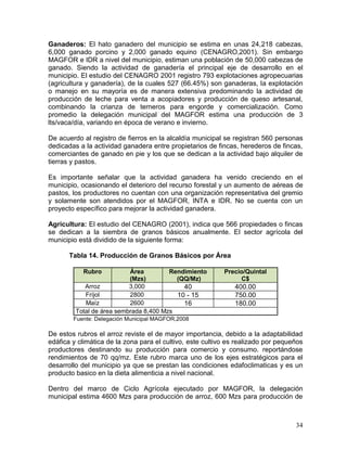 34
Ganaderos: El hato ganadero del municipio se estima en unas 24,218 cabezas,
6,000 ganado porcino y 2,000 ganado equino (CENAGRO,2001). Sin embargo
MAGFOR e IDR a nivel del municipio, estiman una población de 50,000 cabezas de
ganado. Siendo la actividad de ganadería el principal eje de desarrollo en el
municipio. El estudio del CENAGRO 2001 registro 793 explotaciones agropecuarias
(agricultura y ganadería), de la cuales 527 (66.45%) son ganaderas, la explotación
o manejo en su mayoría es de manera extensiva predominando la actividad de
producción de leche para venta a acopiadores y producción de queso artesanal,
combinando la crianza de terneros para engorde y comercialización. Como
promedio la delegación municipal del MAGFOR estima una producción de 3
lts/vaca/día, variando en época de verano e invierno.
De acuerdo al registro de fierros en la alcaldía municipal se registran 560 personas
dedicadas a la actividad ganadera entre propietarios de fincas, herederos de fincas,
comerciantes de ganado en pie y los que se dedican a la actividad bajo alquiler de
tierras y pastos.
Es importante señalar que la actividad ganadera ha venido creciendo en el
municipio, ocasionando el deterioro del recurso forestal y un aumento de aéreas de
pastos, los productores no cuentan con una organización representativa del gremio
y solamente son atendidos por el MAGFOR, INTA e IDR. No se cuenta con un
proyecto específico para mejorar la actividad ganadera.
Agricultura: El estudio del CENAGRO (2001), indica que 566 propiedades o fincas
se dedican a la siembra de granos básicos anualmente. El sector agrícola del
municipio está dividido de la siguiente forma:
Tabla 14. Producción de Granos Básicos por Área
Rubro Área
(Mzs)
Rendimiento
(QQ/Mz)
Precio/Quintal
C$
Arroz 3,000 40 400.00
Fríjol 2800 10 - 15 750.00
Maíz 2600 16 180.00
Total de área sembrada 8,400 Mzs
Fuente: Delegación Municipal MAGFOR,2008
De estos rubros el arroz reviste el de mayor importancia, debido a la adaptabilidad
edáfica y climática de la zona para el cultivo, este cultivo es realizado por pequeños
productores destinando su producción para comercio y consumo. reportándose
rendimientos de 70 qq/mz. Este rubro marca uno de los ejes estratégicos para el
desarrollo del municipio ya que se prestan las condiciones edafoclimaticas y es un
producto basico en la dieta alimenticia a nivel nacional.
Dentro del marco de Ciclo Agrícola ejecutado por MAGFOR, la delegación
municipal estima 4600 Mzs para producción de arroz, 600 Mzs para producción de
 