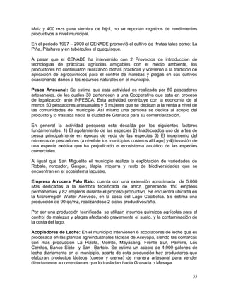 35
Maiz y 400 mzs para siembra de frijol, no se reportan registros de rendimientos
productivos a nivel municipal.
En el periodo 1997 – 2000 el CENADE promovió el cultivo de frutas tales como: La
Piña, Pitahaya y en tubérculos el quequisque.
A pesar que el CENADE ha intervenido con 2 Proyectos de introducción de
tecnologías de prácticas agrícolas amigables con el medio ambiente, los
productores no continuaron realizando dichas prácticas y volvieron a la tradición de
aplicación de agroquímicos para el control de malezas y plagas en sus cultivos
ocasionando daños a los recursos naturales en el municipio.
Pesca Artesanal: Se estima que esta actividad es realizada por 50 pescadores
artesanales, de los cuales 30 pertenecen a una Cooperativa que esta en proceso
de legalización ante INPESCA. Esta actividad contribuye con la economía de al
menos 50 pescadores artesanales y 5 mujeres que se dedican a la venta a nivel de
las comunidades del municipio. Así mismo una persona se dedica al acopio del
producto y lo traslada hacia la ciudad de Granada para su comercialización.
En general la actividad pesquera esta decaída por los siguientes factores
fundamentales: 1) El agotamiento de las especies 2) Inadecuados uso de artes de
pesca principalmente en épocas de veda de las especies 3) El incremento del
números de pescadores (a nivel de los municipios costeros al Lago) y 4) invasión de
una especie exótica que ha perjudicado el ecosistema acuático de las especies
comerciales.
Al igual que San Miguelito el municipio realiza la explotación de variedades de
Robalo, roncador, Gaspar, tilapia, mojarra y resto de biodiversidades que se
encuentran en el ecosistema lacustre.
Empresa Arrocera Palo Ralo: cuenta con una extensión aproximada de 5,000
Mzs dedicadas a la siembra tecnificada de arroz, generando 150 empleos
permanentes y 82 empleos durante el proceso productivo. Se encuentra ubicada en
la Microrregión Walter Acevedo, en la costa del Lago Cocibolca. Se estima una
producción de 90 qq/mz, realizándose 2 ciclos productivos/año.
Por ser una producción tecnificada, se utilizan insumos químicos agrícolas para el
control de malezas y plagas afectando gravemente el suelo, y la contaminación de
la costa del lago.
Acopiadores de Leche: En el municipio intervienen 6 acopiadores de leche que es
procesada en las plantas agroindustriales lácteas de Acoyapa, siendo las comarcas
con mas producción La Pizota, Morrito, Mayasang, Frente Sur, Palmira, Los
Cerritos, Banco Siete y San Bartolo. Se estima un acopio de 4,000 galones de
leche diariamente en el municipio, aparte de esta producción hay productores que
elaboran productos lácteos (queso y crema) de manera artesanal para vender
directamente a comerciantes que lo trasladan hacia Granada o Masaya.
 