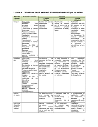 40
Cuadro 4. Tendencias de los Recursos Naturales en el municipio de Morrito
Recurso
Natural
Función Ambiental Situación
Pasada
(15 años)
Presente Futura
(15 años)
Bosques Producción:
Alimentos para
animales y seres
humanos.
Combustible y fuentes
de energía.
Recursos genéticos.
Productos Medicinales.
Regulación:
Retención y Captación
de agua.
Reproducción y
Crecimiento de plantas
y animales.
Captura de CO2 y
Producción de O2
Microclima.
Espacios:
bosques, pastos..
Significación:
Valores estéticos y
turísticos.
Existían en grandes
extensiones y
variedad de
especies
maderables
Disminución de
aéreas de bosques
por el avance de la
frontera agrícola,
disminución de flora y
fauna.
Reducción
significativa del área
de bosques en el
municipio.
Incremento de areas
marginales, areas
agrícolas y
asentamientos.
La dismunicion de
bosques afectara
directamente la
conservación de los
recursos hidricos y
la migración o
extinción de la flora
y fauna.
Biodiversi
dad
Producción:
Alimentos para
animales y seres
humanos.
Combustible y fuentes
de energía.
Recursos genéticos.
Productos Medicinales.
Regulación:
Retención y Captación
de agua.
Captura de CO2 y
Producción de O2
Microclima.
Espacios:
Cultivos agrícolas,
bosques, pastos..
Significación:
Valores estéticos y
turísticos.
Valores históricos
Abundancia de
especies de flora y
fauna
Múltiples existencias
de biodiversidad
Lluvias intensas
Abundante
vegetación y
bosques
Menos erosión de
los suelos
Se han extinguido o
emigrado especies,
hay disminución de
especies, reducción
de especies de flora y
fauna en interacción
en los ecosistemas
Escases de agua
Poca flora y fauna
Especies maderables
en extinción
Solo tendremos
recuerdos de las
especies nativas que
existieron Cambios
de microclimas
Disminución de
recursos hídricos
Futuras
generaciones no
conocerán especies
de flora y fauna.
Bancos
de Arena
No eran explotados,
eran puntos de
recreación de la
juventud,
Explotación para uso
personal
(construcción) y
comercial.
Socavación de la
costa
Si no regulamos su
explotación habrá
una socavación y
alteración de
espacios en la costa
del lago.
Banco de
Materiales
(Material
Selecto)
Aéreas propiedad
del estado,
No existían
carreteras por tanto
no se hacía uso del
material
Se han privatizado
Se explotan para
construcción de
caminos rurales
Explotación
irracional del mismo
causando perdida de
belleza escénica y
paisajística de
comunidades.
 