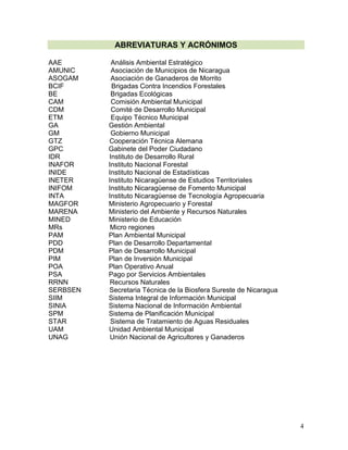 4
ABREVIATURAS Y ACRÓNIMOS
AAE Análisis Ambiental Estratégico
AMUNIC Asociación de Municipios de Nicaragua
ASOGAM Asociación de Ganaderos de Morrito
BCIF Brigadas Contra Incendios Forestales
BE Brigadas Ecológicas
CAM Comisión Ambiental Municipal
CDM Comité de Desarrollo Municipal
ETM Equipo Técnico Municipal
GA Gestión Ambiental
GM Gobierno Municipal
GTZ Cooperación Técnica Alemana
GPC Gabinete del Poder Ciudadano
IDR Instituto de Desarrollo Rural
INAFOR Instituto Nacional Forestal
INIDE Instituto Nacional de Estadísticas
INETER Instituto Nicaragüense de Estudios Territoriales
INIFOM Instituto Nicaragüense de Fomento Municipal
INTA Instituto Nicaragüense de Tecnología Agropecuaria
MAGFOR Ministerio Agropecuario y Forestal
MARENA Ministerio del Ambiente y Recursos Naturales
MINED Ministerio de Educación
MRs Micro regiones
PAM Plan Ambiental Municipal
PDD Plan de Desarrollo Departamental
PDM Plan de Desarrollo Municipal
PIM Plan de Inversión Municipal
POA Plan Operativo Anual
PSA Pago por Servicios Ambientales
RRNN Recursos Naturales
SERBSEN Secretaria Técnica de la Biosfera Sureste de Nicaragua
SIIM Sistema Integral de Información Municipal
SINIA Sistema Nacional de Información Ambiental
SPM Sistema de Planificación Municipal
STAR Sistema de Tratamiento de Aguas Residuales
UAM Unidad Ambiental Municipal
UNAG Unión Nacional de Agricultores y Ganaderos
 