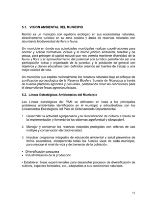51
5.1. VISION AMBIENTAL DEL MUNICIPIO
Morrito es un municipio con equilibrio ecológico en sus ecosistemas naturales,
atractivamente turístico en su zona costera y áreas de reservas naturales con
abundante biodiversidad de flora y fauna.
Un municipio en donde sus autoridades municipales realizan coordinaciones para
normar y aplicar normativas locales y el marco jurídico ambiental, forestal y de
pesca, para proteger al capital natural que nos permita mantener diversidad de la
fauna y flora y el aprovechamiento del potencial eco turístico permitiendo así una
participación activa y organizada de la juventud y la población en general con
objetivos y planes educativos bien definidos creando así fuentes de trabajo y una
mejor calidad de vida.
Un municipio que explota racionalmente los recursos naturales bajo el enfoque de
zonificacion agroecologica de la Reserva Biosfera Sureste de Nicaragua a través
de buenas practicas agrícolas y pecuarias, permitiendo crear las condiciones para
el desarrollo de fincas agroecoturisticas.
5.2. Líneas Estratégicas Ambientales del Municipio
Las Líneas estratégicas del PAM se definieron en base a los principales
problemas ambiéntales identificados en el municipio y articulándolos con los
Lineamientos Estratégicos del Plan de Ordenamiento Departamental.
1. Desarrollar la actividad agropecuaria y la diversificación de cultivos a través de
la implementación y fomento de los sistemas agroforestal y silvopastoril.
2. Manejar y conservar las reservas naturales protegidas con criterios de uso
múltiple y conservación de biodiversidad.
3. Impulsar programas integrales de educación ambiental y salud preventiva de
forma sistemática, incorporando todas las fuerzas vivas de cada municipio,
para mejorar el nivel de vida y de bienestar de la población.
 Diversificación pesquera
 Industrialización de la producción
 Establecer áreas experimentales para desarrollar procesos de diversificación de
cultivos, especies forestales, etc., adaptables a sus condiciones naturales.
 