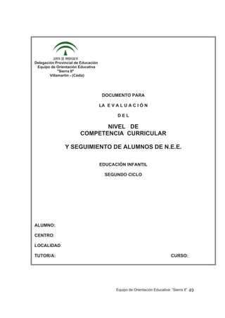 Equipo de Orientación Educativa: “Sierra II” 49
Delegación Provincial de Educación
Equipo de Orientación Educativa
"Sierra II"
Villamartín - (Cádiz)
DOCUMENTO PARA
LA E V A L U A C I Ó N
D E L
NIVEL DE
COMPETENCIA CURRICULAR
Y SEGUIMIENTO DE ALUMNOS DE N.E.E.
EDUCACIÓN INFANTIL
SEGUNDO CICLO
ALUMNO:
CENTRO:
LOCALIDAD:
TUTOR/A: CURSO:
 