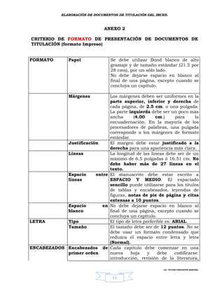 ELABORACIÓN DE DOCUMENTOS DE TITULACIÓN DEL IMCED.



                                  ANEXO 2

CRITERIO DE FORMATO DE PRESENTACIÓN DE DOCUMENTOS DE
TITULACIÓN (formato Impreso)


FORMATO          Papel               Se debe utilizar Bond blanco de alto
                                     gramaje y de tamaño estándar (21.5 por
                                     28 cms), por un sólo lado.
                                     No debe dejarse espacio en blanco al
                                     final de una página, excepto cuando se
                                     concluya un capítulo.

                 Márgenes     Los márgenes deben ser uniformes en la
                              parte superior, inferior y derecha de
                              cada página, de 2.5 cm. o una pulgada.
                              La parte izquierda debe ser un poco más
                              ancha       (4.00      cm.)      para      la
                              encuadernación. En la mayoría de los
                              procesadores de palabras, una pulgada
                              corresponde a los márgenes de formato
                              estándar.
            Justificación     El margen debe estar justificado a la
                              derecha para una apariencia más clara.
            Líneas            La longitud de las líneas debe ser de un
                              máximo de 6.5 pulgadas ó 16.51 cm. No
                              debe haber más de 27 líneas en el
                              texto.
            Espacio     entre El manuscrito debe estar escrito a
            líneas            ESPACIO Y MEDIO. El espaciado
                              sencillo puede utilizarse para los títulos
                              de tablas y encabezados, leyendas de
                              figuras, notas de pie de página y citas
                              extensas a 10 puntos.
            Espacio        en No debe dejarse espacio en blanco al
            blanco            final de una página, excepto cuando se
                              concluya un capitulo.
LETRA       Tipo              El tipo de letra preferible es: ARIAL.
            Tamaño            El tamaño debe ser de 12 puntos. No se
                              debe usar un formato condensado que
                              reduzca el espacio entre letra y letra
                              (Normal).
ENCABEZADOS Encabezados de Cada capítulo debe comenzar en una
            primer orden      nueva     hoja     y    debe     codificarse:
                              introducción, revisión de la literatura,

                                                             LIC. VÍCTOR CERVANTES SÁNCHEZ



                                     11
 