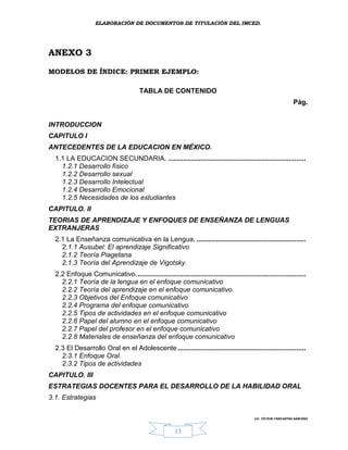 ELABORACIÓN DE DOCUMENTOS DE TITULACIÓN DEL IMCED.




ANEXO 3

MODELOS DE ÍNDICE: PRIMER EJEMPLO:

                                       TABLA DE CONTENIDO
                                                                                                                Pág.


INTRODUCCION
CAPITULO I
ANTECEDENTES DE LA EDUCACION EN MÉXICO.
  1.1 LA EDUCACION SECUNDARIA. ........................................................................
    1.2.1 Desarrollo físico
    1.2.2 Desarrollo sexual
    1.2.3 Desarrollo Intelectual
    1.2.4 Desarrollo Emocional
    1.2.5 Necesidades de los estudiantes
CAPITULO. II
TEORIAS DE APRENDIZAJE Y ENFOQUES DE ENSEÑANZA DE LENGUAS
EXTRANJERAS
  2.1 La Enseñanza comunicativa en la Lengua. .........................................................
    2.1.1 Ausubel: El aprendizaje Significativo
    2.1.2 Teoría Piagetana
    2.1.3 Teoría del Aprendizaje de Vigotsky.
  2.2 Enfoque Comunicativo.........................................................................................
    2.2.1 Teoría de la lengua en el enfoque comunicativo
    2.2.2 Teoría del aprendizaje en el enfoque comunicativo.
    2.2.3 Objetivos del Enfoque comunicativo
    2.2.4 Programa del enfoque comunicativo
    2.2.5 Tipos de actividades en el enfoque comunicativo
    2.2.6 Papel del alumno en el enfoque comunicativo
    2.2.7 Papel del profesor en el enfoque comunicativo
    2.2.8 Materiales de enseñanza del enfoque comunicativo
  2.3 El Desarrollo Oral en el Adolescente ...................................................................
    2.3.1 Enfoque Oral.
    2.3.2 Tipos de actividades
CAPITULO. III
ESTRATEGIAS DOCENTES PARA EL DESARROLLO DE LA HABILIDAD ORAL
3.1. Estrategias

                                                                                           LIC. VÍCTOR CERVANTES SÁNCHEZ



                                                       13
 