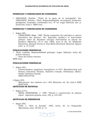 ELABORACIÓN DE DOCUMENTOS DE TITULACIÓN DEL IMCED.




PONENCIAS Y COMUNICADOS EN CONGRESOS

•   APELLIDOS, Nombre. “Título de la parte de la monografía”. En:
    APELLIDOS, Nombre. Título. Responsabilidades secundarias (traductor;
    prologuista; ilustrador; coordinador etc.). N° ed. Lugar Editorial, año. p.
    (Colección; núm.)*. ISBN núm.

PONENCIAS Y COMUNICADOS EN CONGRESOS

•   Según APA.:
    - VERQUERRE; Régis. 1990. “Etude compartive des attitudes et valeurs
      éducatives des parents”. En: Éducation familia/e et intei’vention
      précoce: Actes du deuxiérne col/oque international en éducat ion
      familia/e (Montréal, 15-17 mai 1989), sous la dir. De Stéphanie
      Dansereau, Bernard Terrise et Jean-Marie Bouchard. Montreal: Agence
      d’Arc. p. 31 0-325

PUBLICACIONES PERIÓDICAS
• Título: subtítulo. Responsabilidad principal. Lugar: Editorial, fecha del
   primer volumen
   - fecha del último volumen
ISSN-núm.

PUBLICACIONES PERIÓDICAS

•   Según APA.:
    - Communications equiprnent manufacture rs.1971- Manufacturing and
      Primary Industries Division, Statistics Canada, Preliminary edition.
      Otawa: Statistics Canada
       ISSN 0700-07758

• Según APA.:
   - Meta:joruna/ des traducte urs.1 995. Montreal, vol. 40, núm.3 ISSN
      0026-0452
ARTÍCULOS DE REVISTAS

•   Según A.P.A.:
    - REINA HERNÁNDEZ, J. 1999. “Diseño y construcción de plantas
       piioto”. Ingeniería química, núm. 359, p. 215-239

ARTÍCULOS DE PERIÓDICOS

•   Según APA.:
    - FOIX, L. “Esto es Europa”. 1992,           enero, 22. La Vanguardia
       [Barcelona], núm. 39.563, p. 15
                                                              LIC. VÍCTOR CERVANTES SÁNCHEZ



                                      25
 