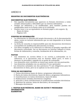 ELABORACIÓN DE DOCUMENTOS DE TITULACIÓN DEL IMCED.




ANEXO 8

REGISTRO DE DOCUMENTOS ELECTRÓNICOS

DOCUMENTOS ELECTRÓNICOS
•  Son aquellos documentos que aparecen en formato electrónico y están
   creados almacenados y difundidos por un sistema informático.
•  Pueden ser definitivos y no modificables, pero también pueden ser
   modificables tanto en la forma como en el contenido.
•  Pueden tener o no un equivalente en formato papel u otro soporte. Ej.
   - Bases de datos
   - Páginas web

FUENTES DE INFORMACIÓN
•  La información se obtendrá del propio documento o de la documentación
   ajena, nunca se incluirá información que no esté disponible en la fuente
   consultada.
•  La fecha de consulta es imprescindible para los documentos electrónicos
   susceptibles de modificación (documentos en línea).
•  Los datos recogidos en la referencia se referirán al ejemplar específico del
   documento consultado. Así un documento en Internet reflejará el título,
   fechas de elaboración y consulta, localización de la información, etc.

PAUTAS
•  Los elementos en cursiva deben ir en cursiva o subrayados en la
   referencia; si el documento está en formato ASCII puro, el texto a
   destacar va precedido y seguido de un guión de subrayado.
•  Los elementos entre corchetes se tienen que anotar con esa puntuación.
•  Los elementos señalados con un asterisco (*) son opcionales
• Los elementos señalados con dos asteriscos (**) son obligatorios para los
  documentos en línea, pero no se aplican en los otros casos

TIPOS DE DOCUMENTOS
   1. Textos electrónicos bases de datos y programas informáticos
   2. Partes de textos electrónicos, bases de datos y programas informáticos
   3. Contribuciones en textos electrónicos, bases de datos
   4. Publicaciones seriadas electrónicas completas
   5. Artículos y otras contribuciones en publicaciones seriadas electrónicas
   6. Boletines de noticias, listas de discusión y de mensajería
   7. Mensajes electrónicos

1. TEXTOS ELECTRÓNICOS, BASES DE DATOS Y PROGRAMAS
INFORMÁTICOS
ELEMENTOS:

                                                              LIC. VÍCTOR CERVANTES SÁNCHEZ



                                      29
 